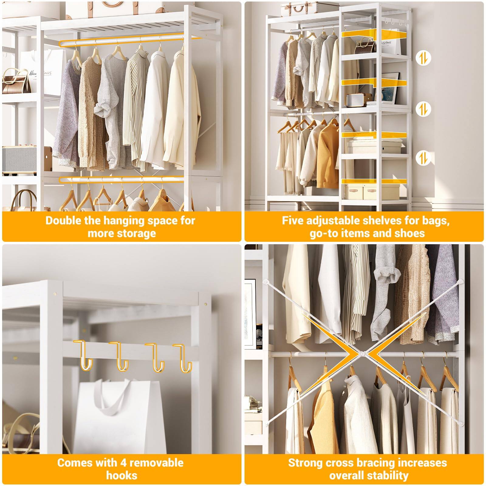 - Double the hanging space for more storage
- Five adjustable shelves for bags, go-to items and shoes
- Comes with 4 removable hooks
- Strong cross bracing increases overall stability