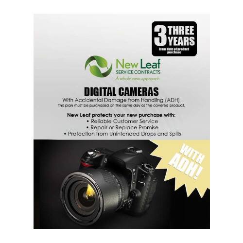 THREE 3 YEARS from date of product purchase

New Leaf SERVICE CONTRACTS
A whole new approach

DIGITAL CAMERAS
With Accidental Damage from Handling (ADH)

This plan must be purchased on the same day as the covered product.

New Leaf protects your new purchase with:
- Reliable Customer Service
- Repair or Replace Promise
- Protection from Unintended Drops and Spills

WITH ADH!