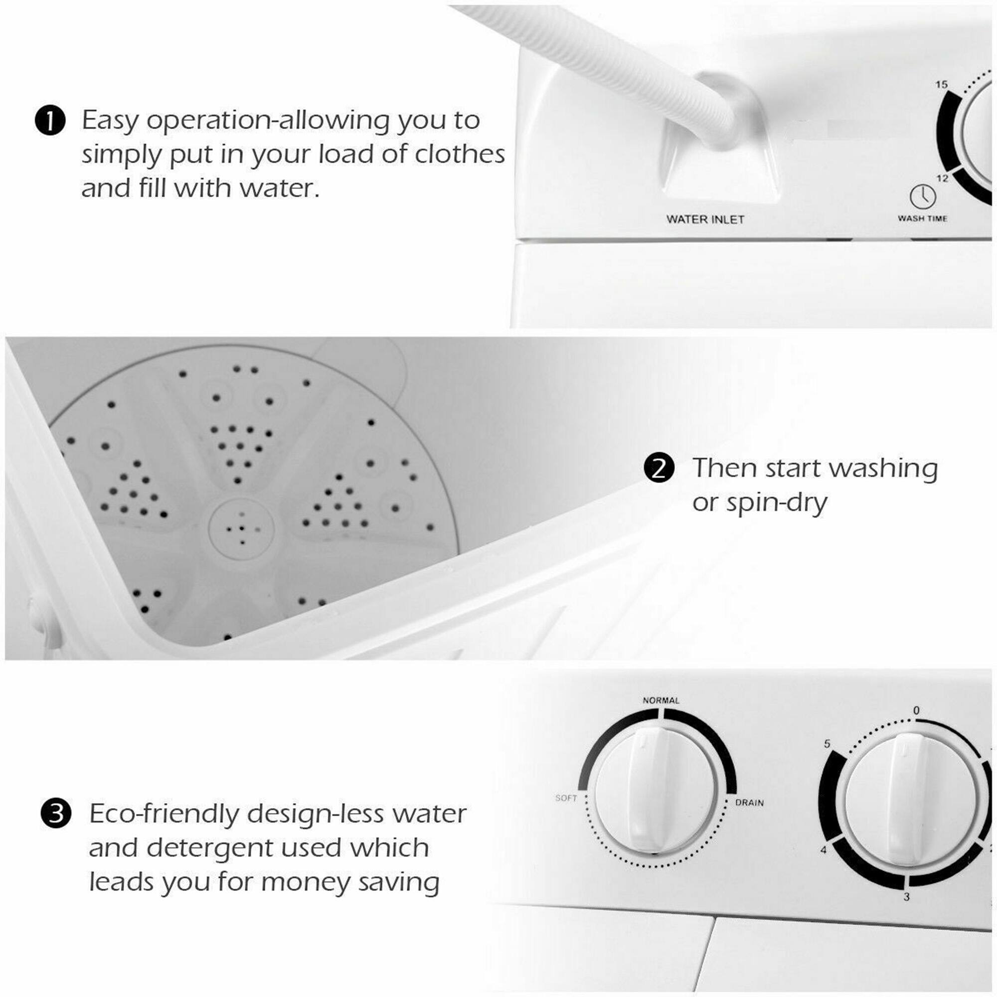1. Easy operation-allowing you to simply put in your load of clothes and fill with water.

2. Then start washing or spin-dry

3. Eco-friendly design-less water and detergent used which leads you for money saving
