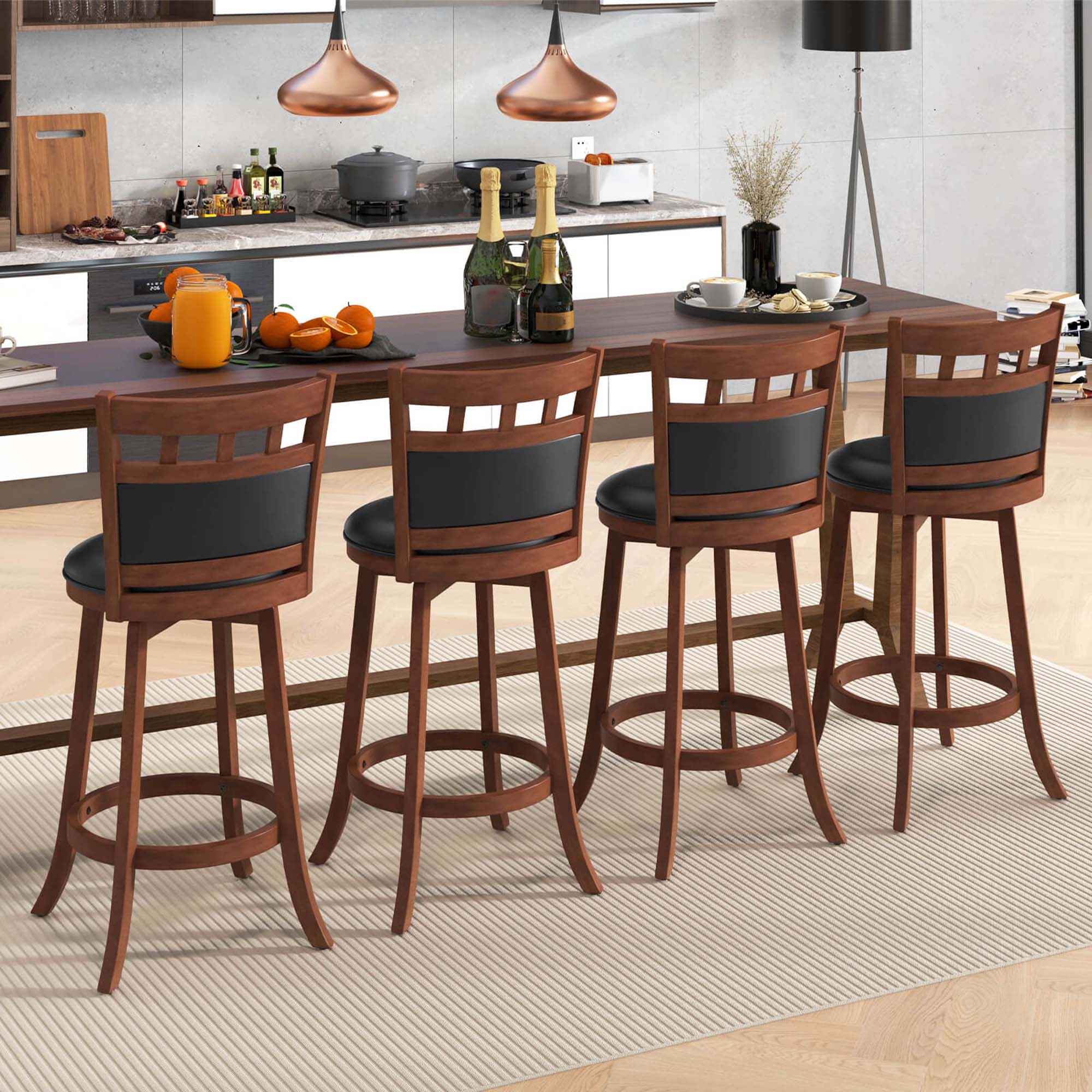 Alt View 3. Costway - Costway Wood Swivel Bar Stools Set of 2 with Faux Leather Upholstered Seat & Back - Brown.