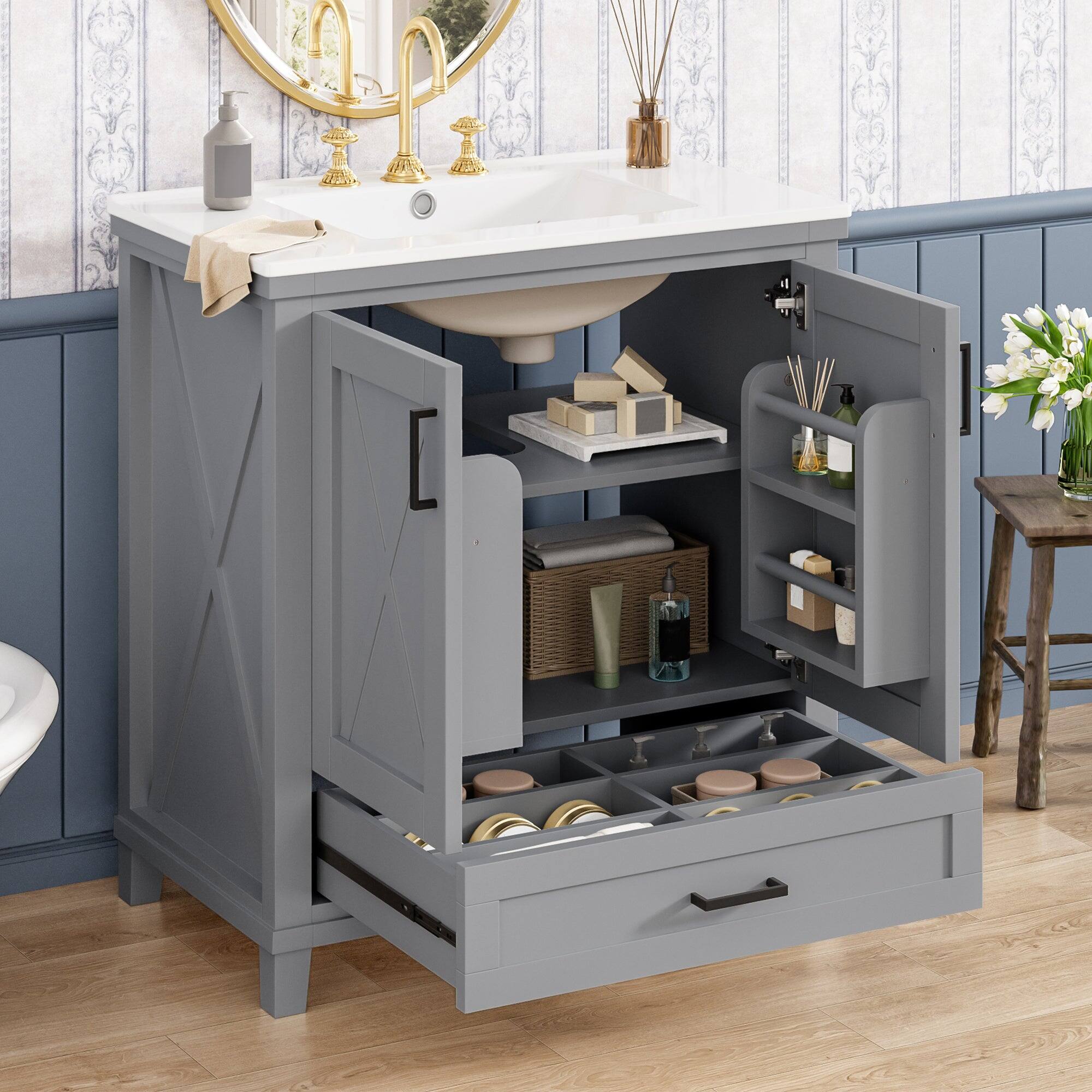 Alt View 5. Boyel Living - 30 Inch Gray Bathroom Vanity with Ceramic Sink Solid Wood Frame MDF 2 Soft Close Doors 1 Drawer Dual Storage Shelves - Gray.