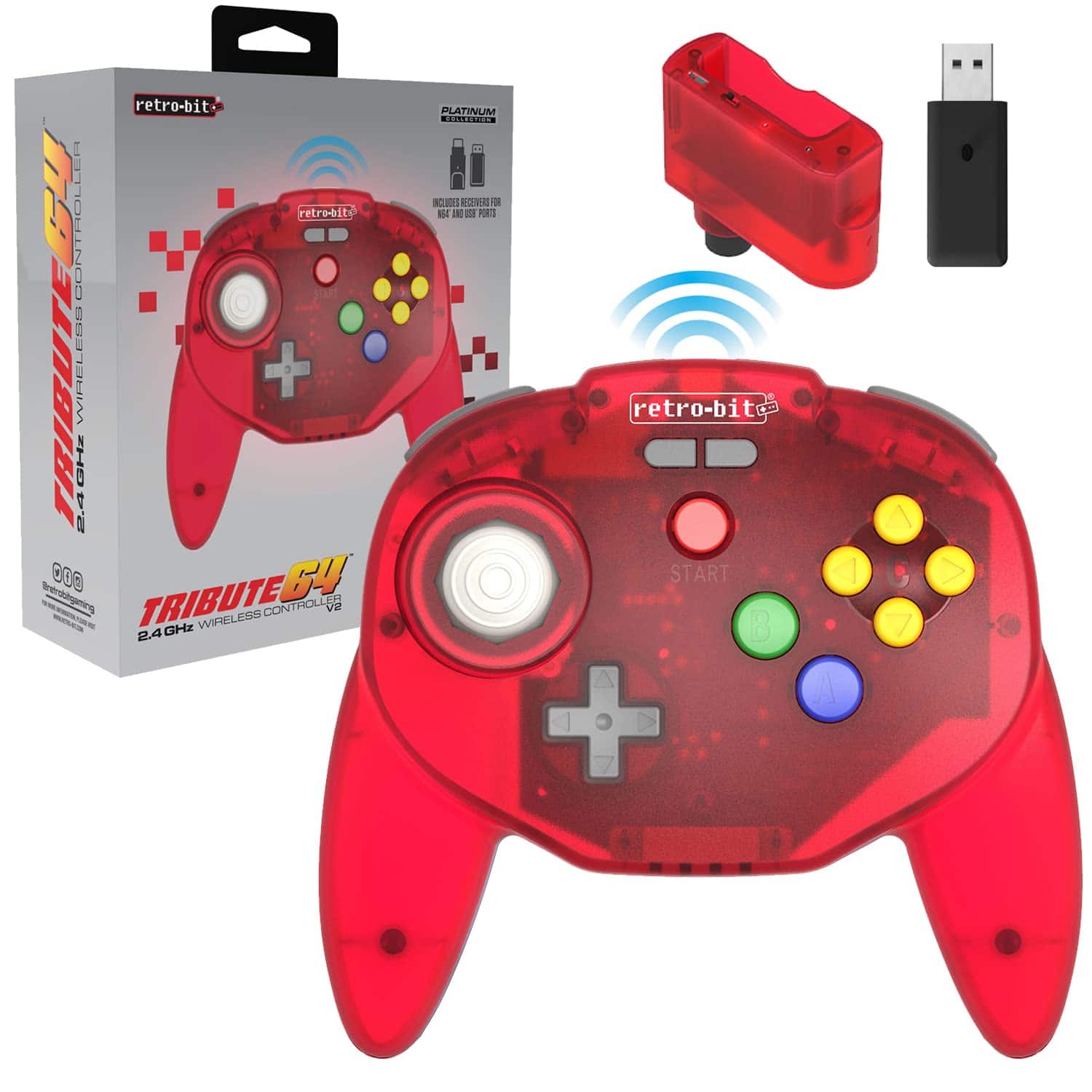 Retro-Bit - Tribute 64 Wireless Controller for Nintendo 64, Switch Online, PC, MacOS, RetroPie, Raspberry Pi and Other - Red