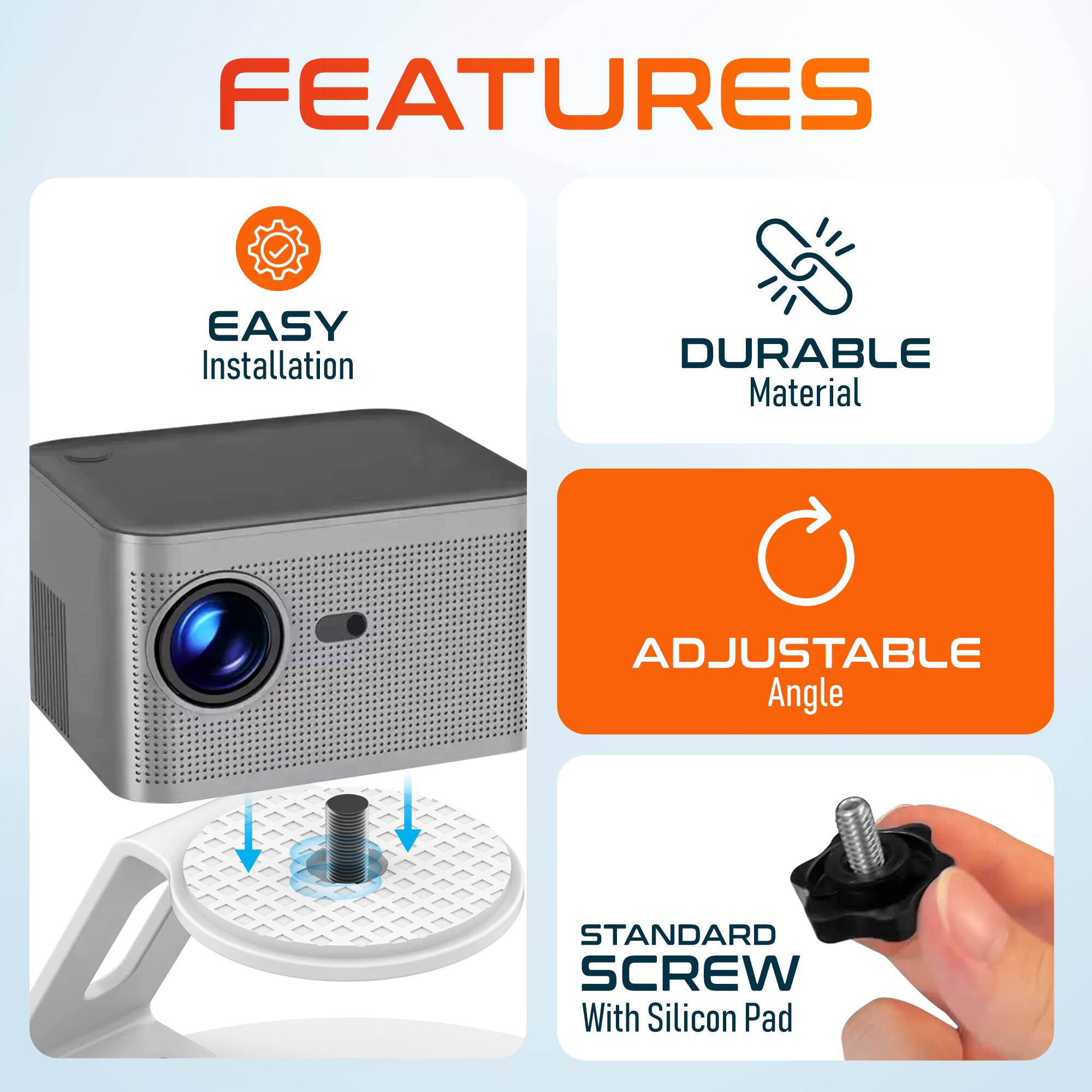 The corrected text is:

- Features
  - Easy Installation
  - Durable Material
  - Adjustable Angle
  - Standard Screw with Silicon Pad