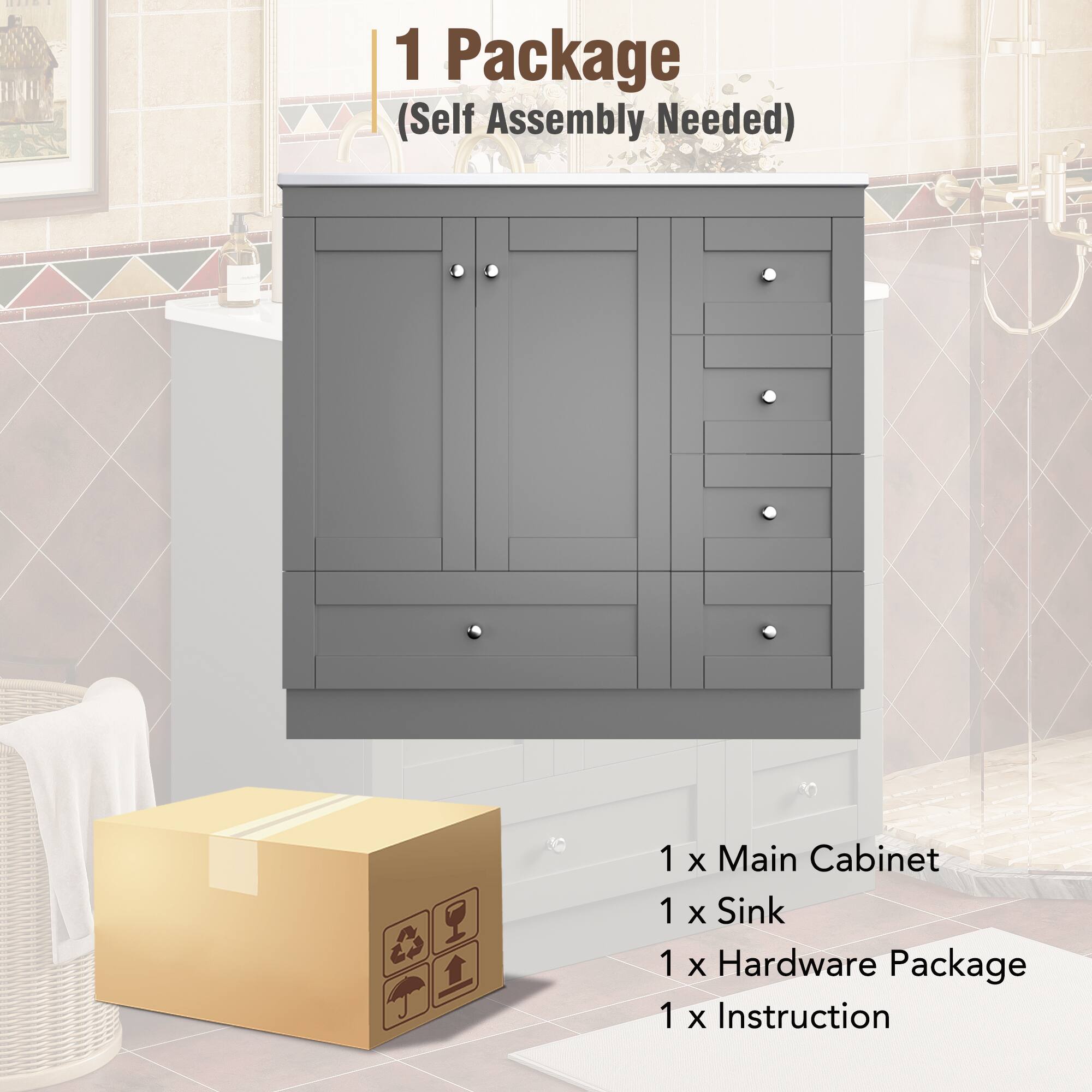 1 Package  
(Self Assembly Needed)  

1 x Main Cabinet  
1 x Sink  
1 x Hardware Package  
1 x Instruction