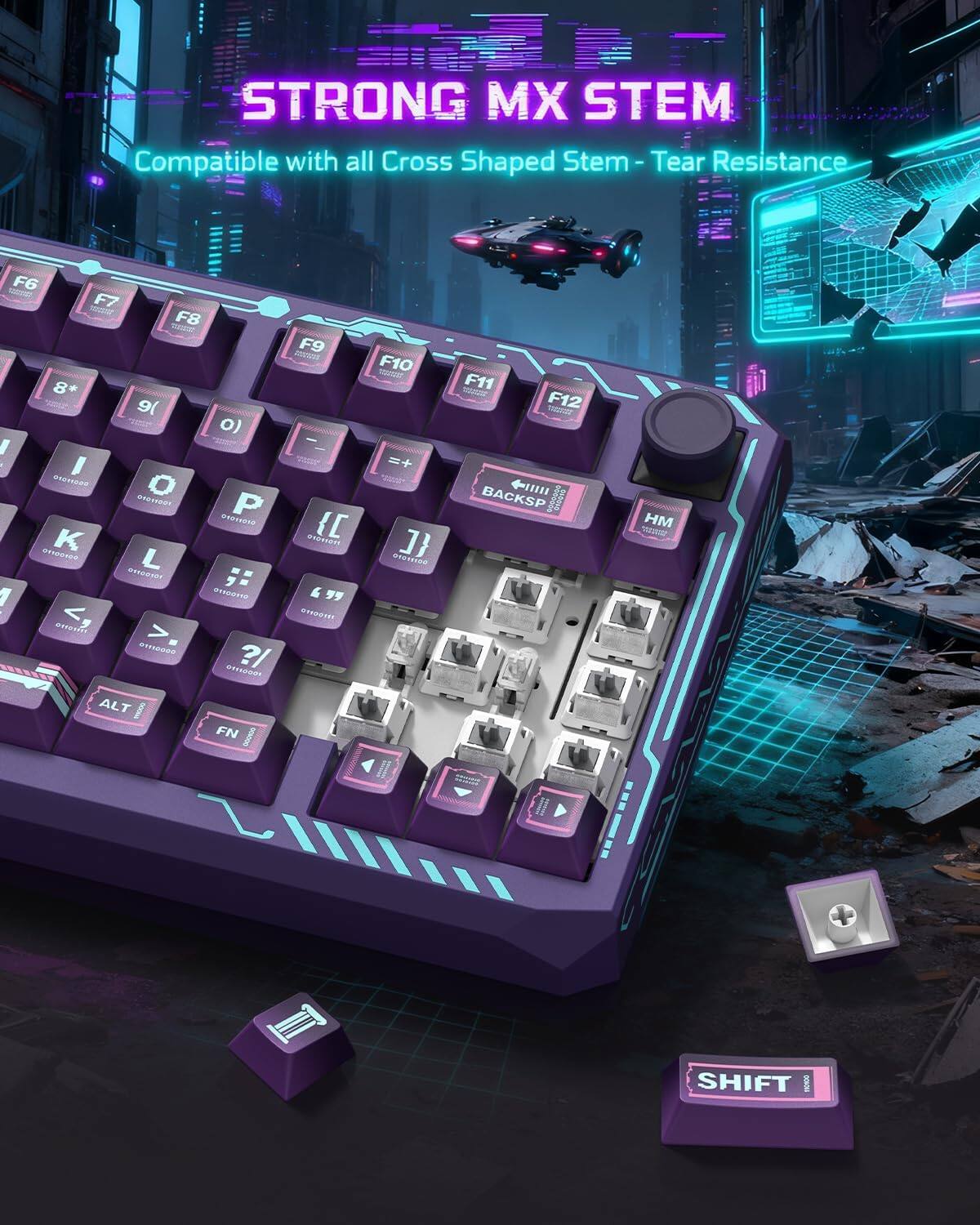 STRONG MX STEM  
Compatible with all Cross Shaped Stem - Tear Resistance  

F6  
F7  
F8  
F9  
F10  
F11  
F12  

8*  
9(  
O)  
I  
MAEADE  
03  
P  
W  
K  
S  
L  
meeaser  
eOIT  
v0000  
?1  
F9  
mN  
SP  
dan  
"  
0  
F10  
=+  
STEE  
F11  
1  
F12  
1  
BACKSP  
II  
HM  
Sr  
ALT  
FN  
50OKOS  
SHIFT
