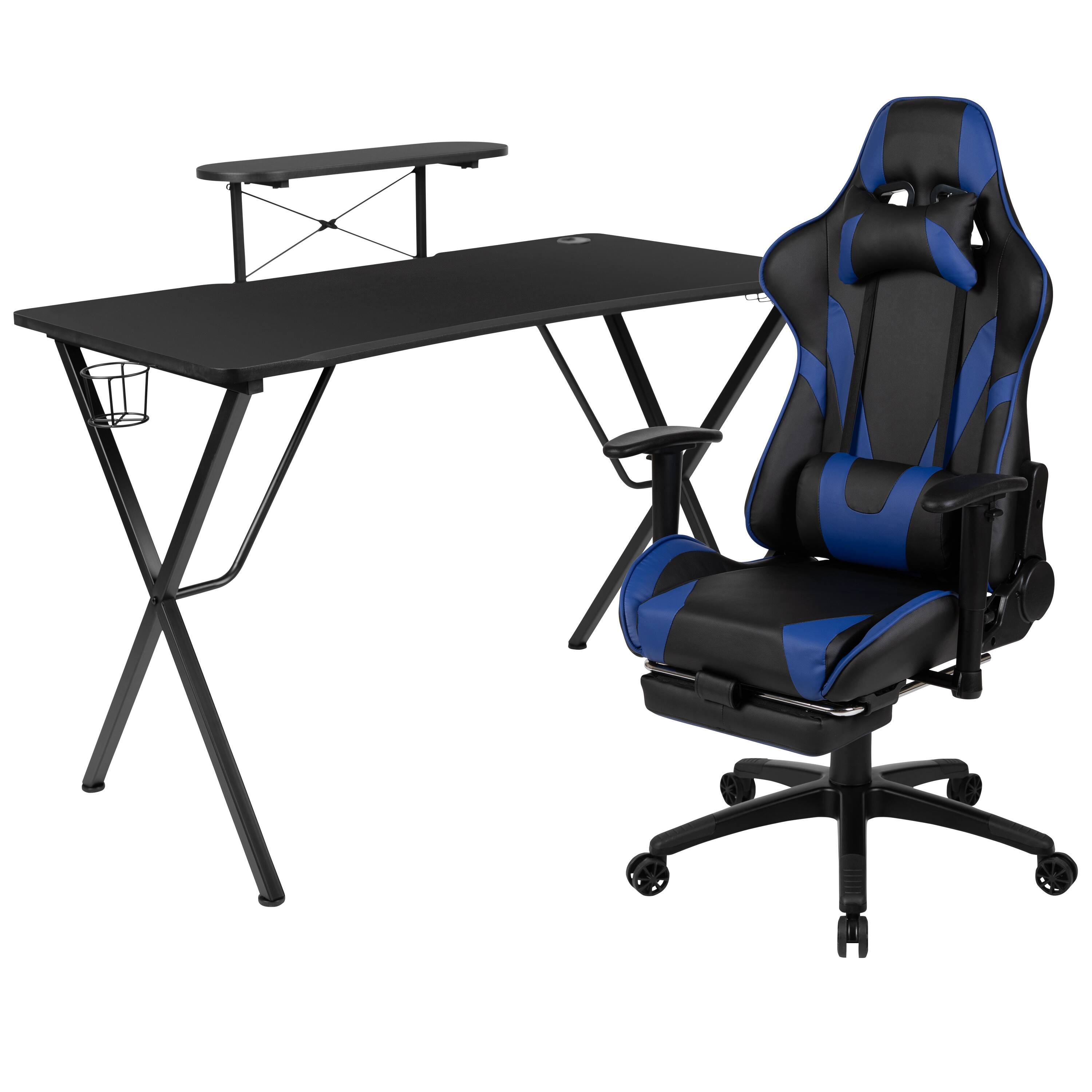 Front. Emma + Oliver - Gaming Desk & Chair Set - Cup Holder, Headphone Hook, and Monitor Stand - Blue.