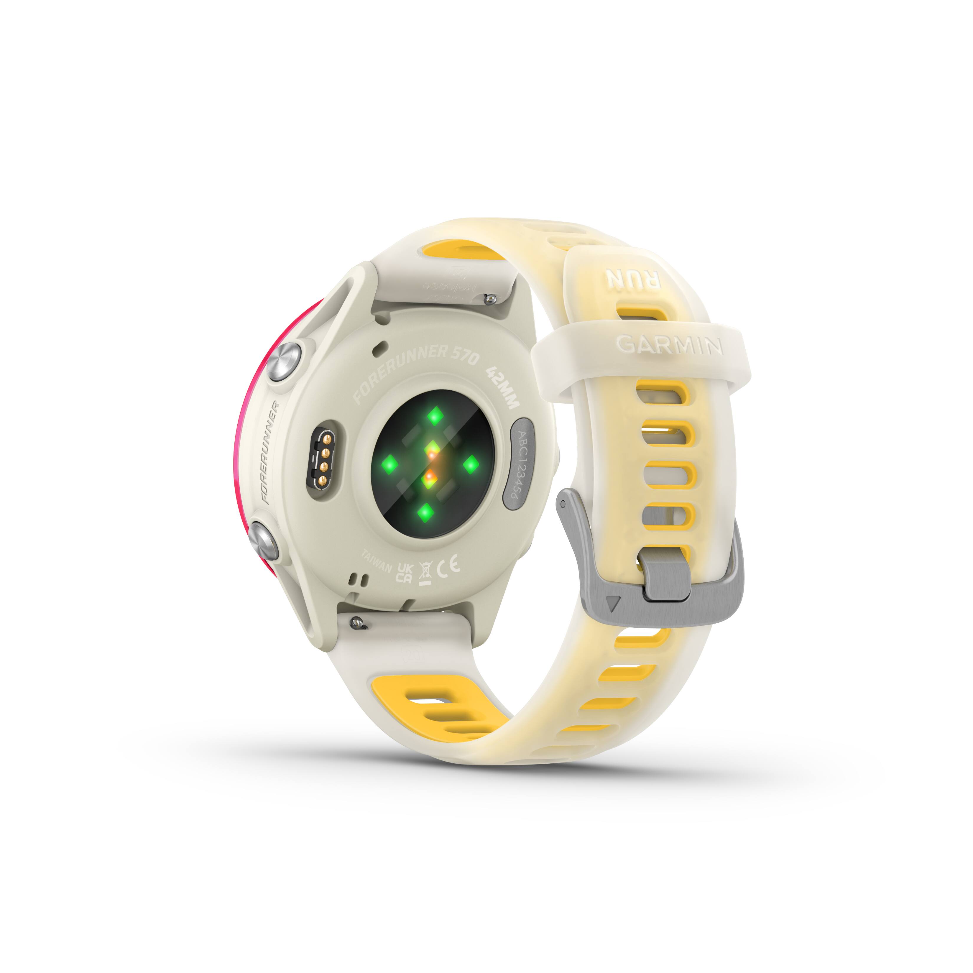 The image shows a Garmin watch with a yellow band and a green face. The watch is designed for running and is waterproof. It is a Forerunner 570 watch, which is a popular choice for athletes and fitness enthusiasts. The watch is made in Taiwan and is CE certified, ensuring its quality and safety. The watch also features a GPS function, which helps track the user's location and distance traveled during outdoor activities.
