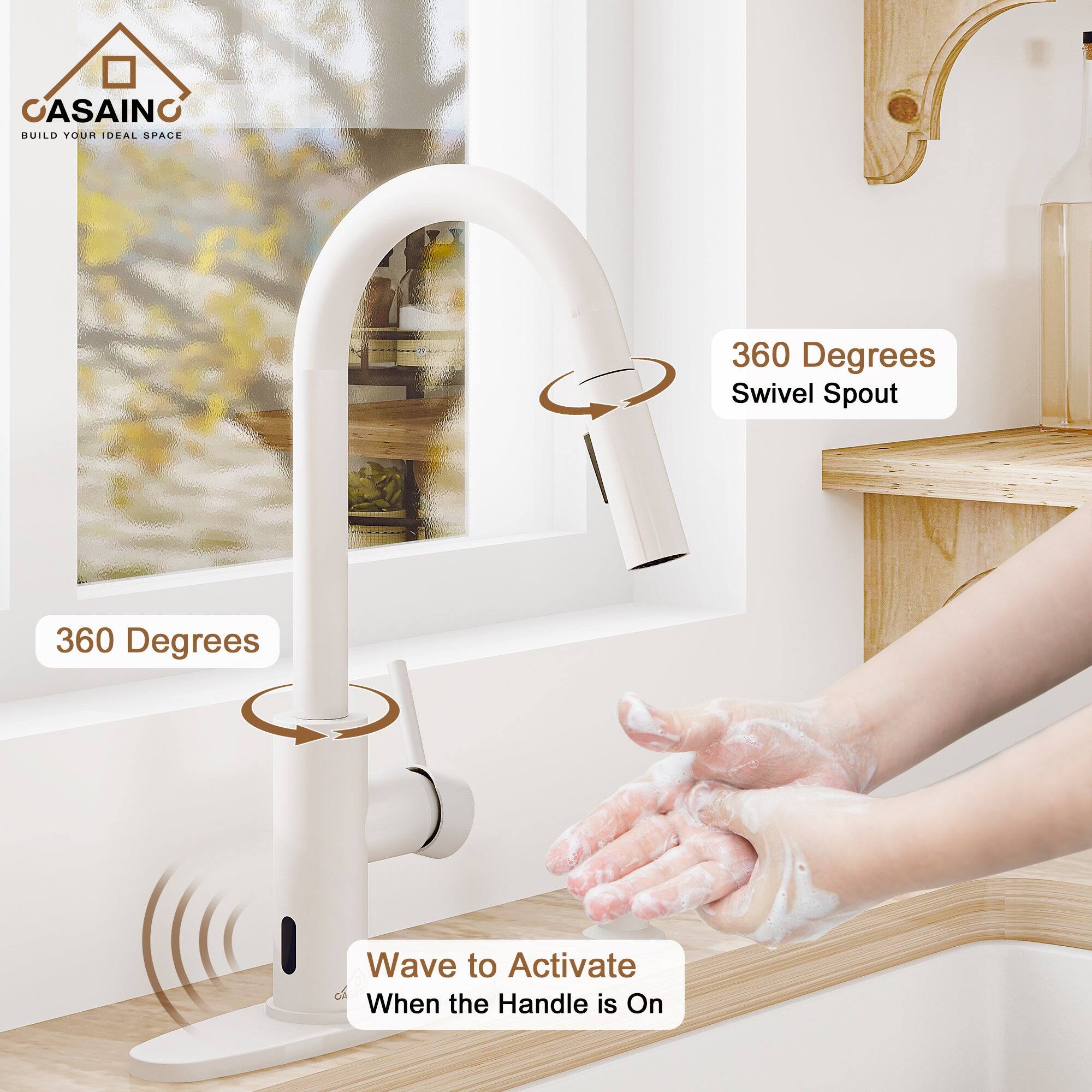 CASAINC  
BUILD YOUR IDEAL SPACE  

360 Degrees Swivel Spout  

360 Degrees  

Wave to Activate  
When the Handle is On