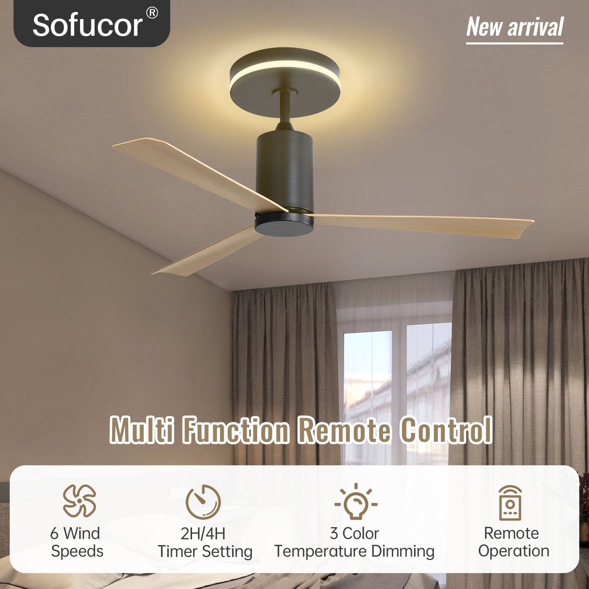 Sofucor - 52'' Modern Flush Mount Ceiling Fan with Led light and Remote 3 ABS Blades Noiseless Reversible DC for Patio Living Room - Black