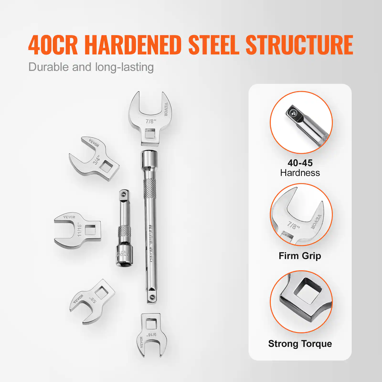 40CR HARDENED STEEL STRUCTURE  
Durable and long-lasting  

- 7/8"  
- 3/4"  
- 11/16"  
- 9/16"  

40-45 Hardness  
Firm Grip  
Strong Torque