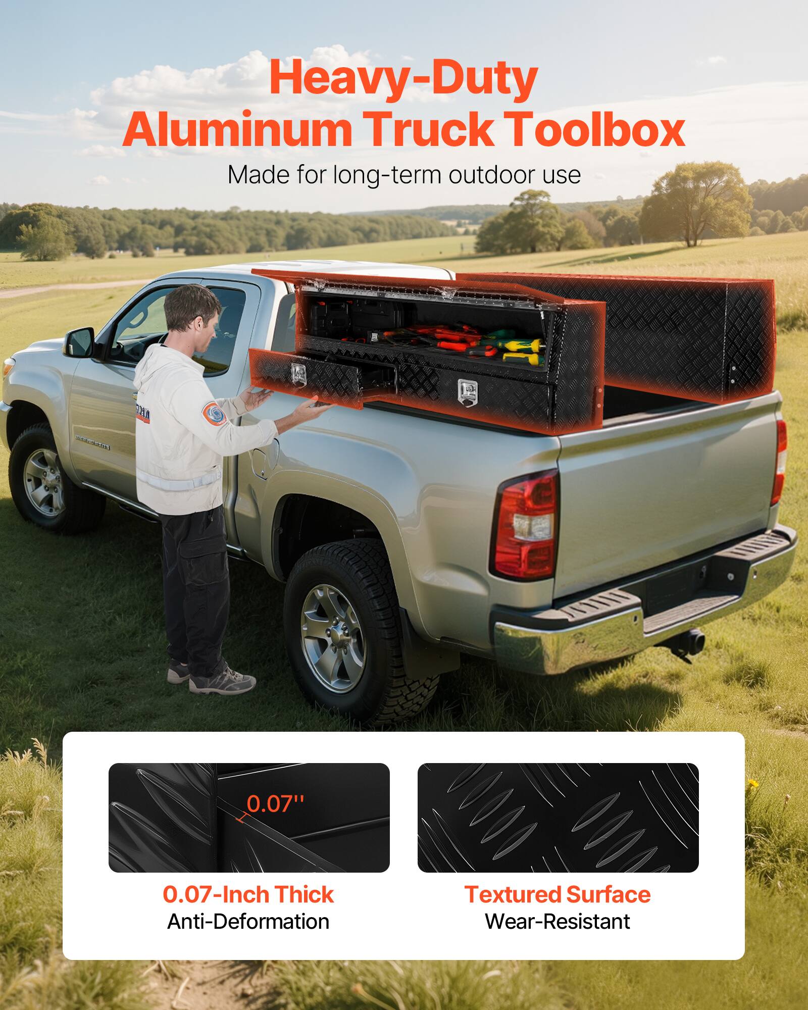 Heavy-Duty Aluminum Truck Toolbox  
Made for long-term outdoor use  

0.07-Inch Thick Anti-Deformation  
Textured Surface Wear-Resistant