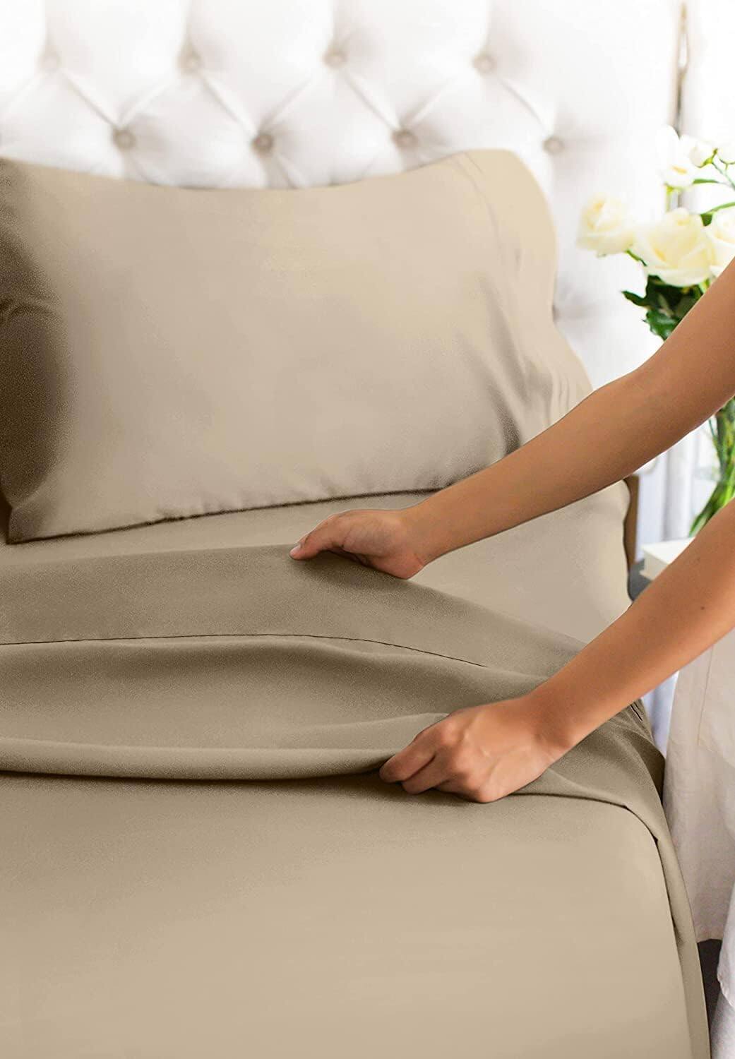 Back. CGK Linens - Luxury 1000 Thread Count 4 Piece Sheet Set - Soft & Premium 100% Cotton Sateen - Queen - Cream.