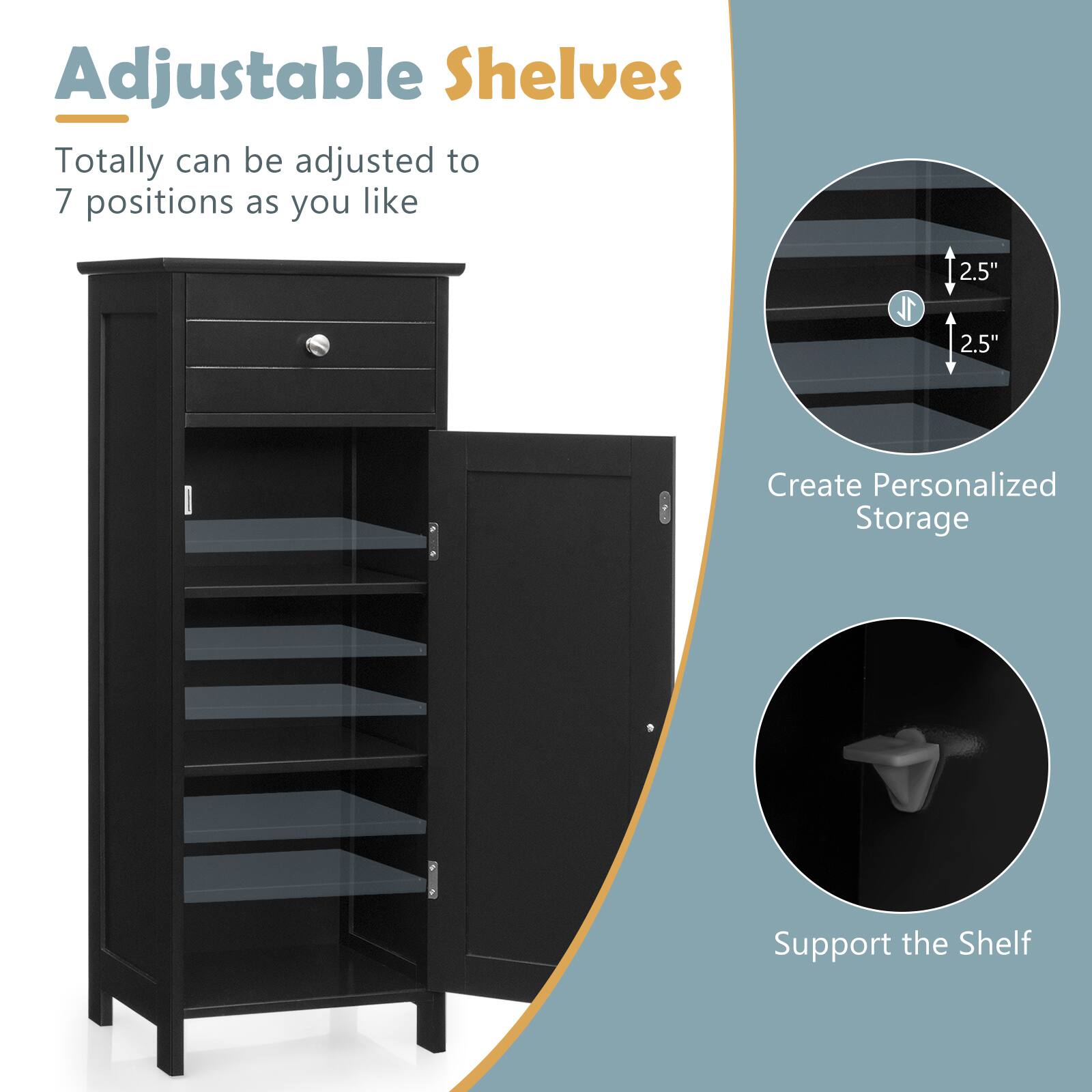 Adjustable Shelves, Totally can be adjusted to 7 positions as you like, 2.5", 2.5", Create Personalized Storage, Support the Shelf