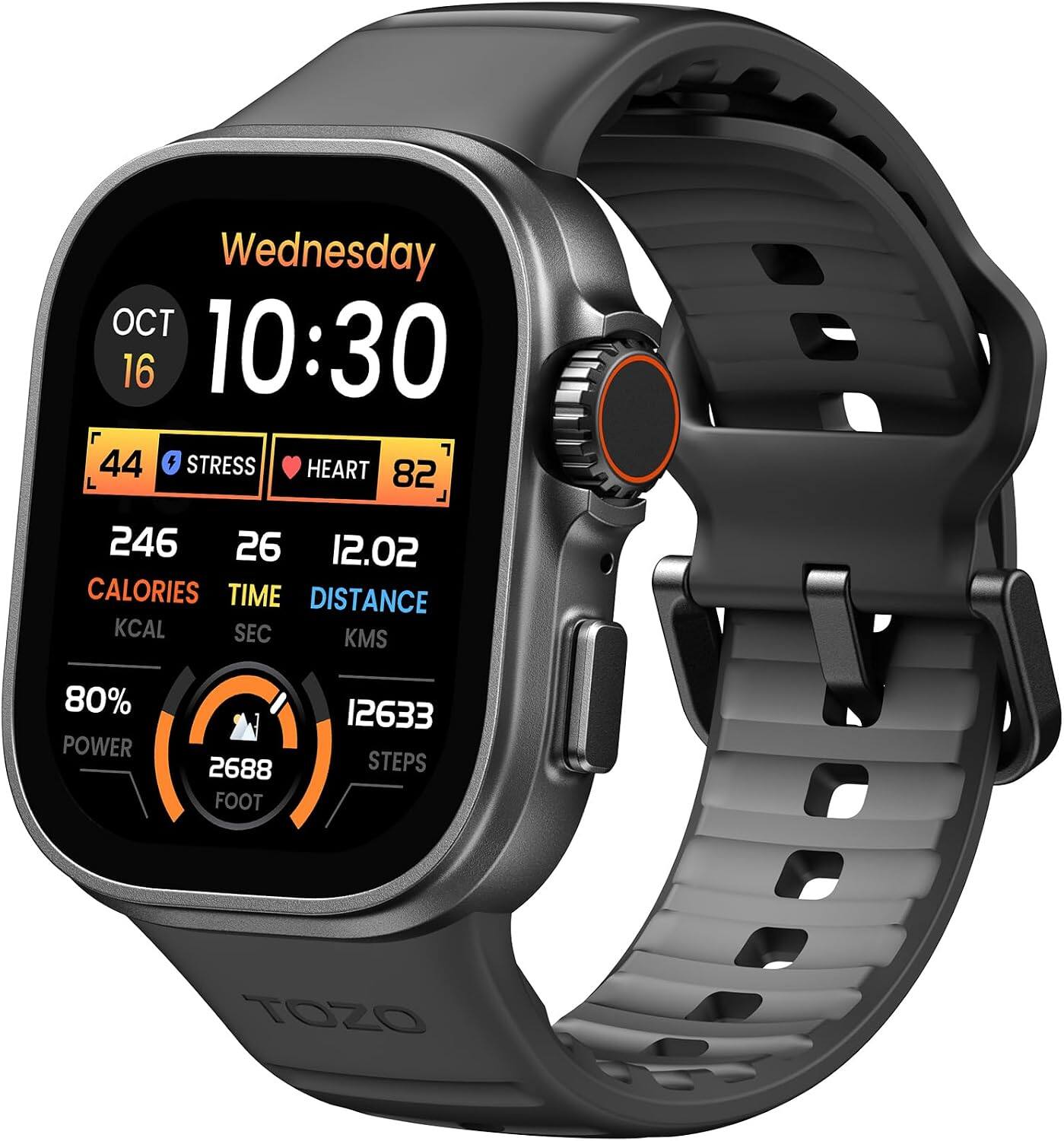 Wednesday OCT 16 10:30  
44 STRESS  
HEART 82  
246 CALORIES  
26 TIME  
12.02 DISTANCE  
80% POWER  
2688 FOOT  
12633 STEPS  
TOZO
