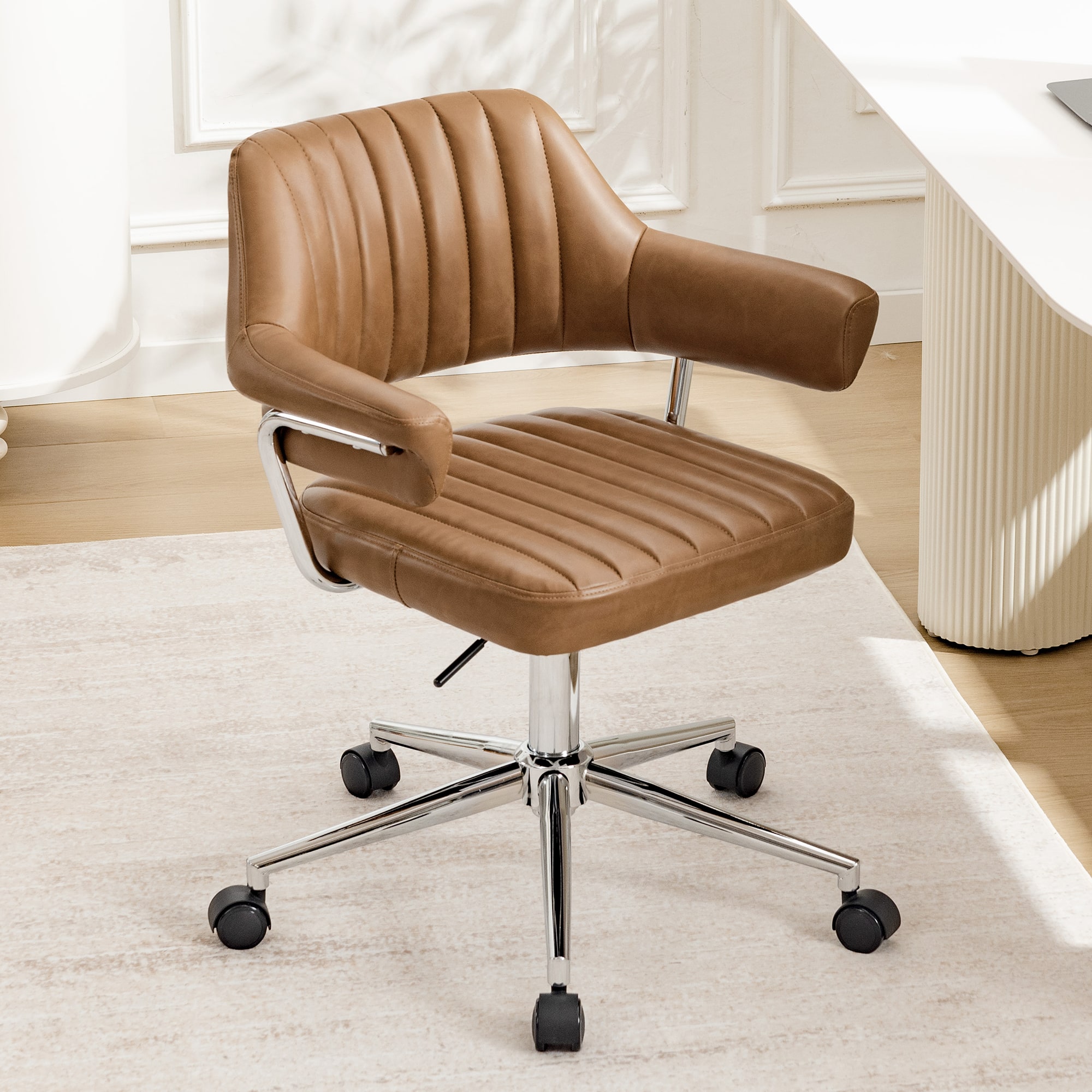 Front. KERDOM - Swivel Upholstery Vanity Chair with Arms, Adjustable Height Desk Chair for Home Office Study Makeup Dresser, PU Leather - Camel-1PC.