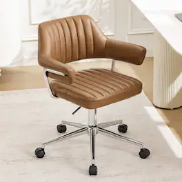 KERDOM - Swivel Upholstery Vanity Chair with Arms, Adjustable Height Desk Chair for Home Office Study Makeup Dresser, PU Leather - Camel-1PC