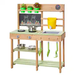 VEVOR - Mud Kitchen, Outdoor Mud Kitchen for Kids, Wood Outdoor Play Kitchens with Stoves, Tank, Sink, Planting Shovels - Green, Natural Fir