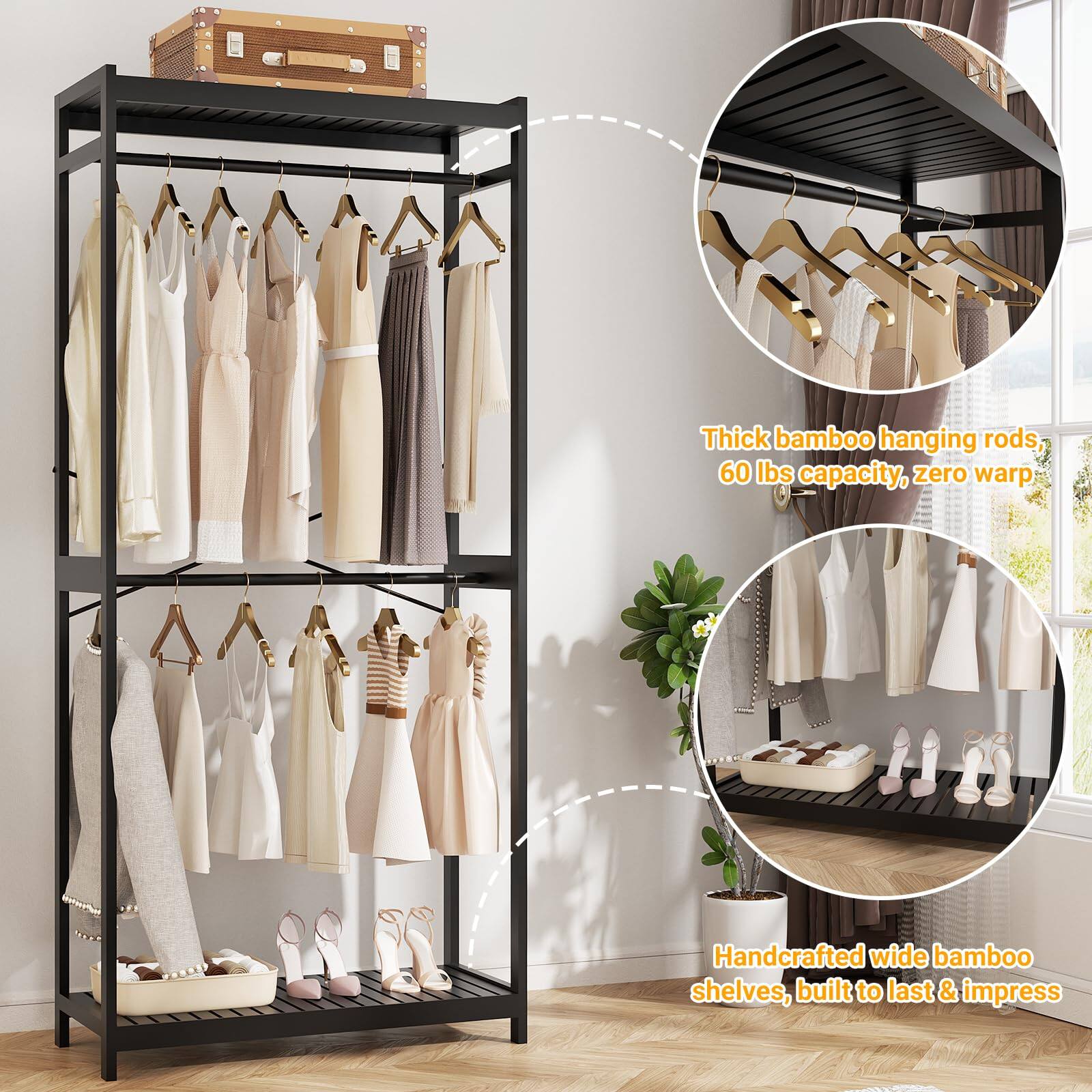 Thick bamboo hanging rods, 60 lbs capacity, zero warp

Handcrafted wide bamboo shelves, built to last & impress