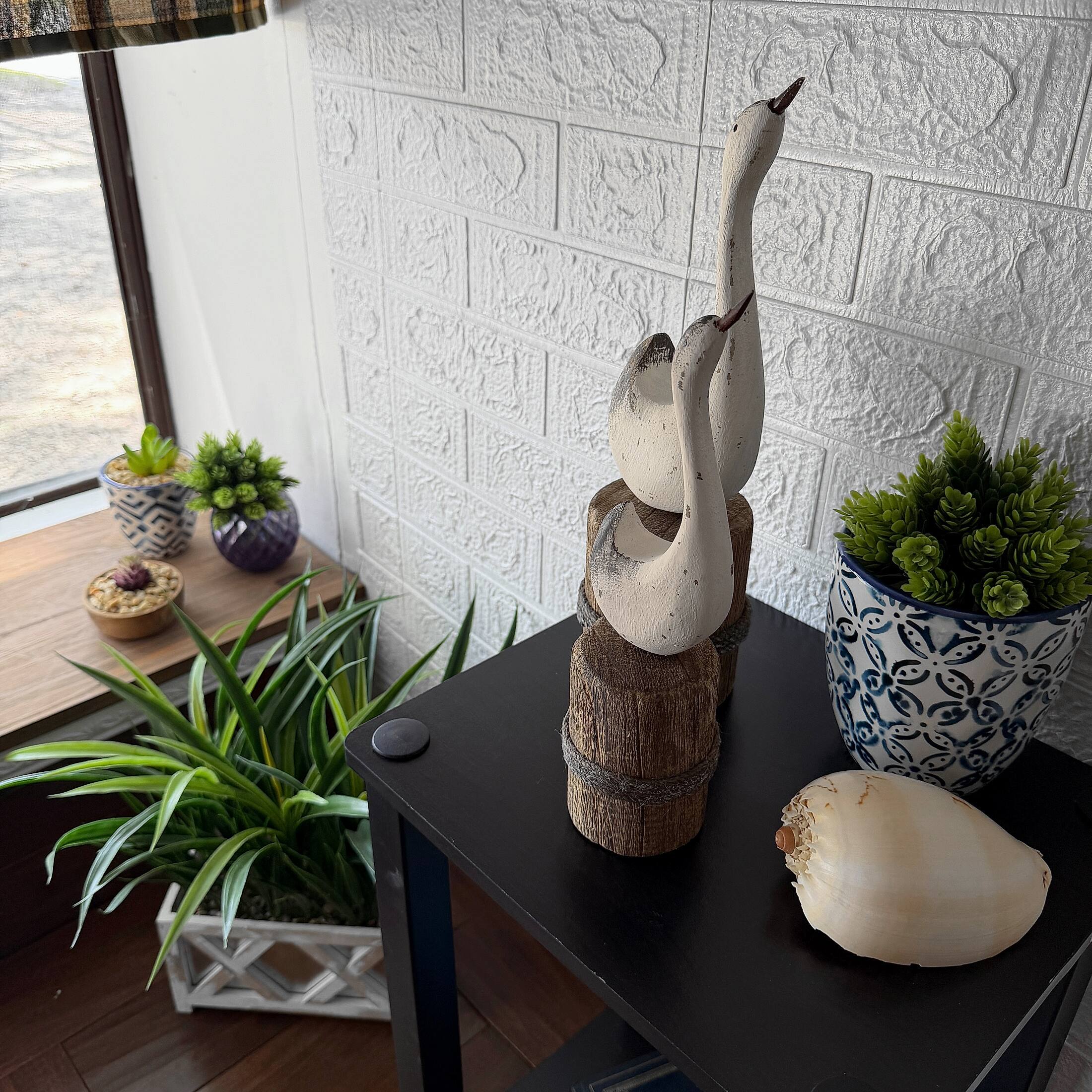 Alt View 5. Things2Die4 - Distressed White Wood Swan Statues Set of 2 Nautical Dock Piling Shelf Decor - White.