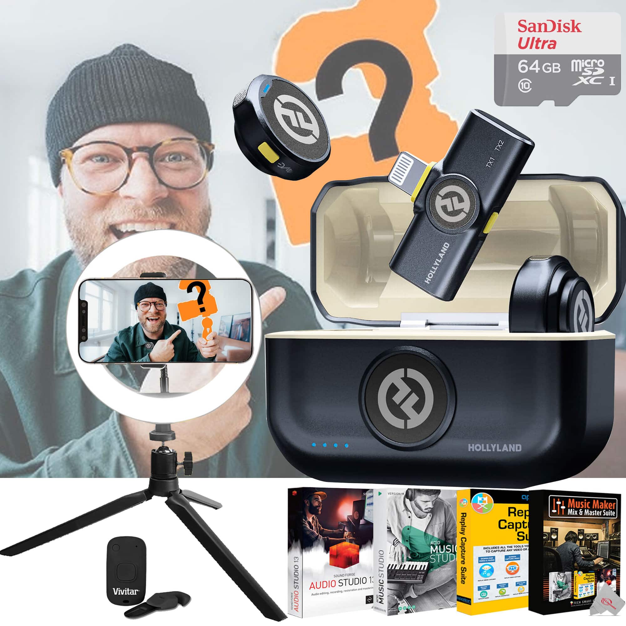 "HOLLYLAND - LARK M2 Wireless Lavalier Microphone with Lightning Plug (Duo), 2x 8"" LED Ring Light, 64GB microSDXC Memory Card - Shine Charcoal" price history on PriceWatchPro