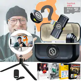 HOLLYLAND - LARK M2 Wireless Lavalier Microphone with Lightning Plug (Duo), 2x 8" LED Ring Light, 64GB microSDXC Memory Card - Shine Charcoal