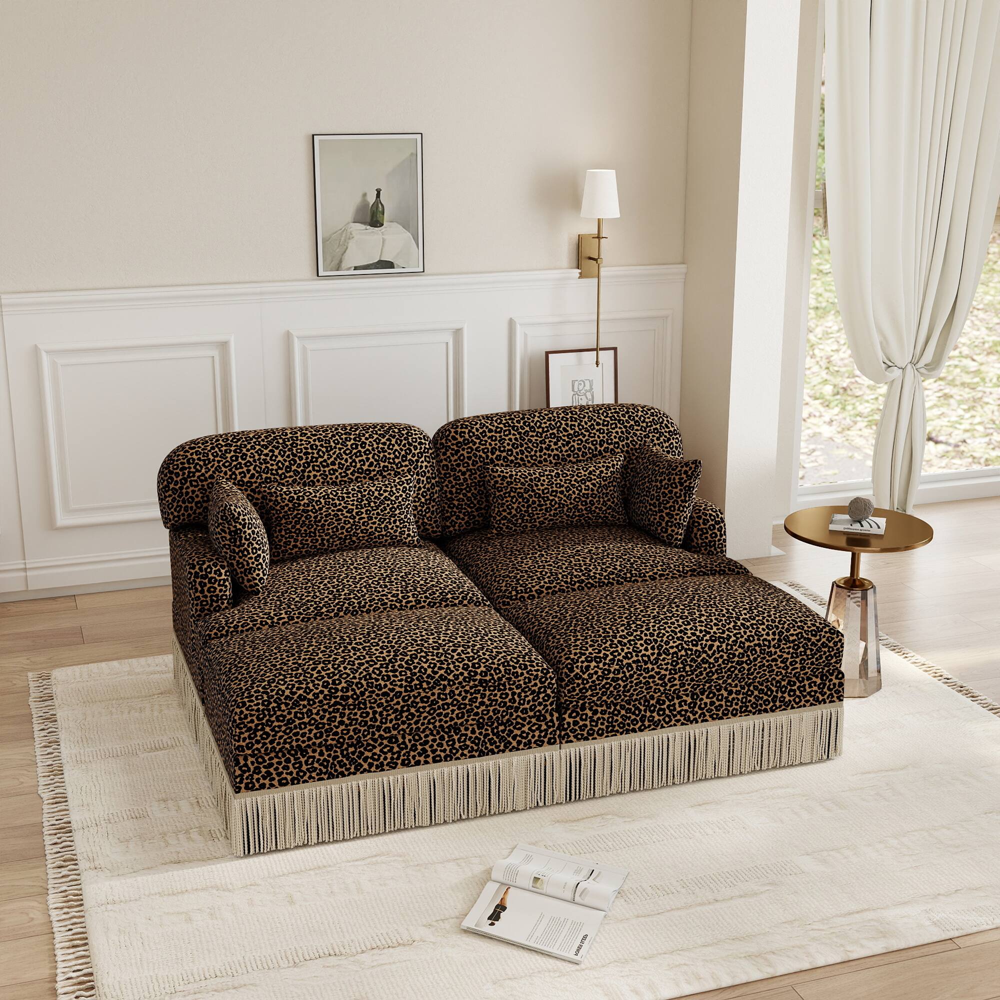 Left. Anysun - Modular Comfy Leopard Printing Loveseat with Exquisite Tassel Trimmings and 2 Movable Ottomans - Brown.