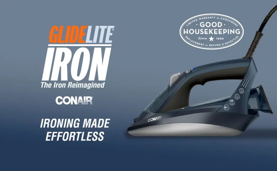 The text on the image is grouped and corrected as follows:

GLIDELITE IRON: The Iron Reimagined
CONAIR WARRANTY to LIMITED GOOD CONSUMERS HOUSEKEEPING Since 1909
REPLACEMENT OR REFUND if DEFECTIVE
IRONING MADE EFFORTLESS
