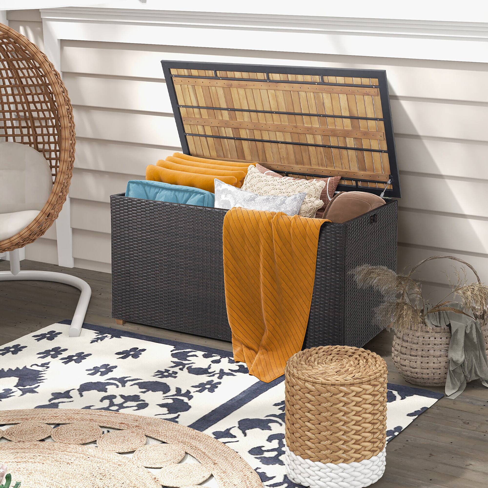 Alt View 3. Gymax - Gymax 134 Gallon Patio Wicker Storage Deck Box w/ Solid Acacia Wood Backyard - Mix Brown.