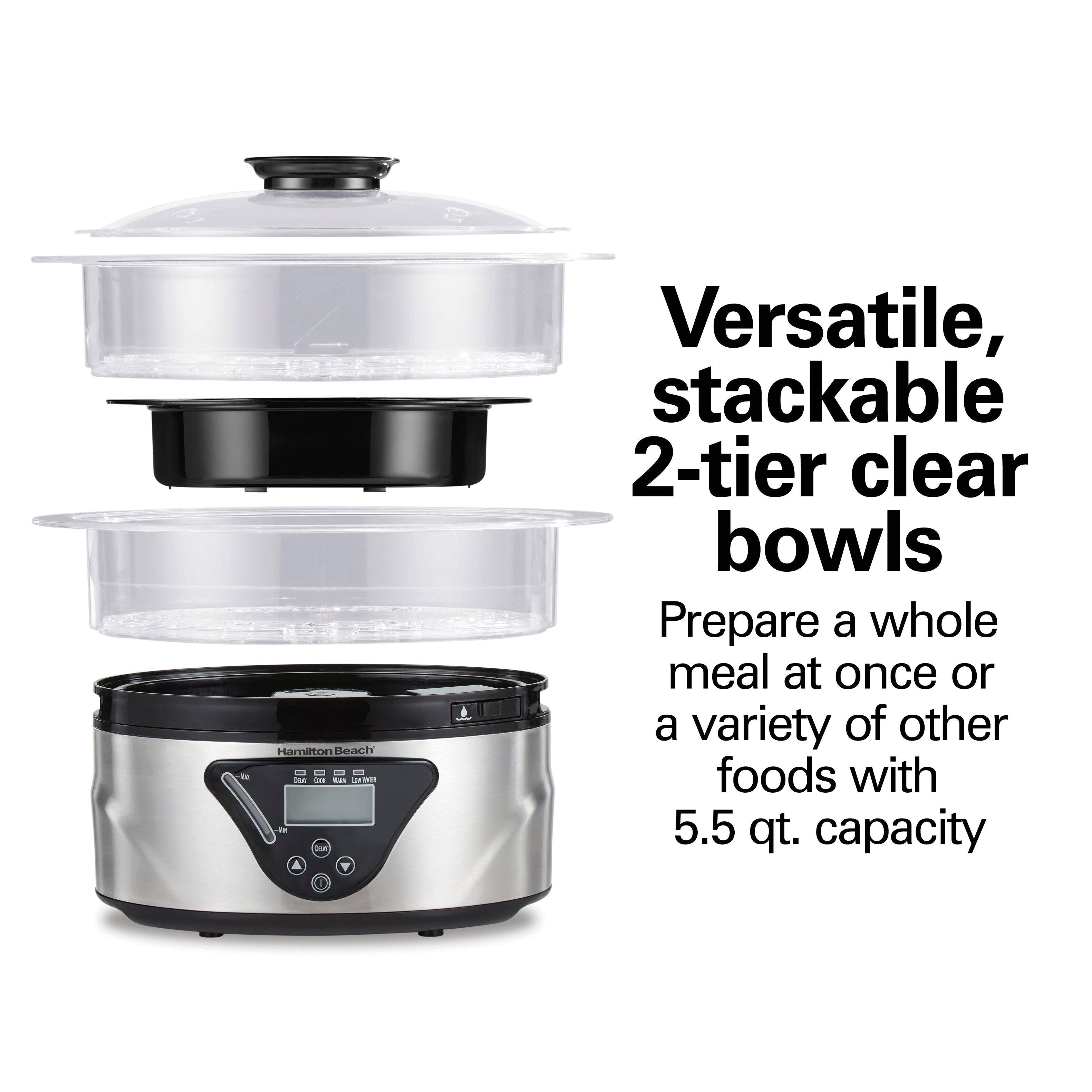 Hamilton Beach  
Versatile, stackable 2-tier clear bowls  
Prepare a whole meal at once or a variety of other foods with 5.5 qt. capacity