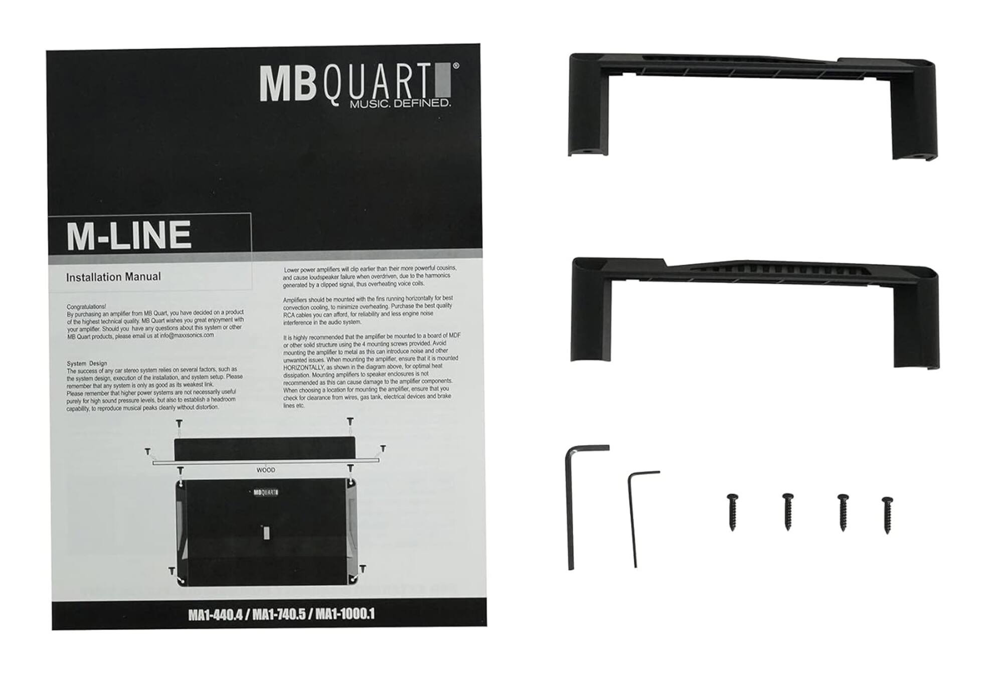 MB QUART  
MUSIC. DEFINED.

M-LINE  
Installation Manual

Congratulations!  
By purchasing an amplifier from MB Quart, you have decided on a product of the highest technical quality. MB Quart wishes you great enjoyment with your amplifier. Should you have questions about your system or other MB Quart products, please email info@mbquart.com.

System Design  
The system design, execution of the installation and setup of the system are several factors such as system design, execution installation system setup. Remember that a system is only as good as its weakest link. Please remember that higher power systems are not necessarily better. Higher sound pressure levels are established by headroom capability to reproduce musical peaks cleanly without distortion. Lower power amplifiers deliver than their more powerful cousins, and cause loudspeakers to fail when overdriven. Harmonics cause generalised clipped signal, thus overheating voice coils. Amplifiers should be mounted horizontally for best convection cooling, minimising overheating. Purchase the best quality RCA cables you can for reliability and less engine noise.

Lower power amplifiers and loudspeakers will clip earlier than their more powerful cousins, generated by a distortion. Failure when overdriving voice coils. RCA cables you can use, but overdriving voice coils. Ampl
