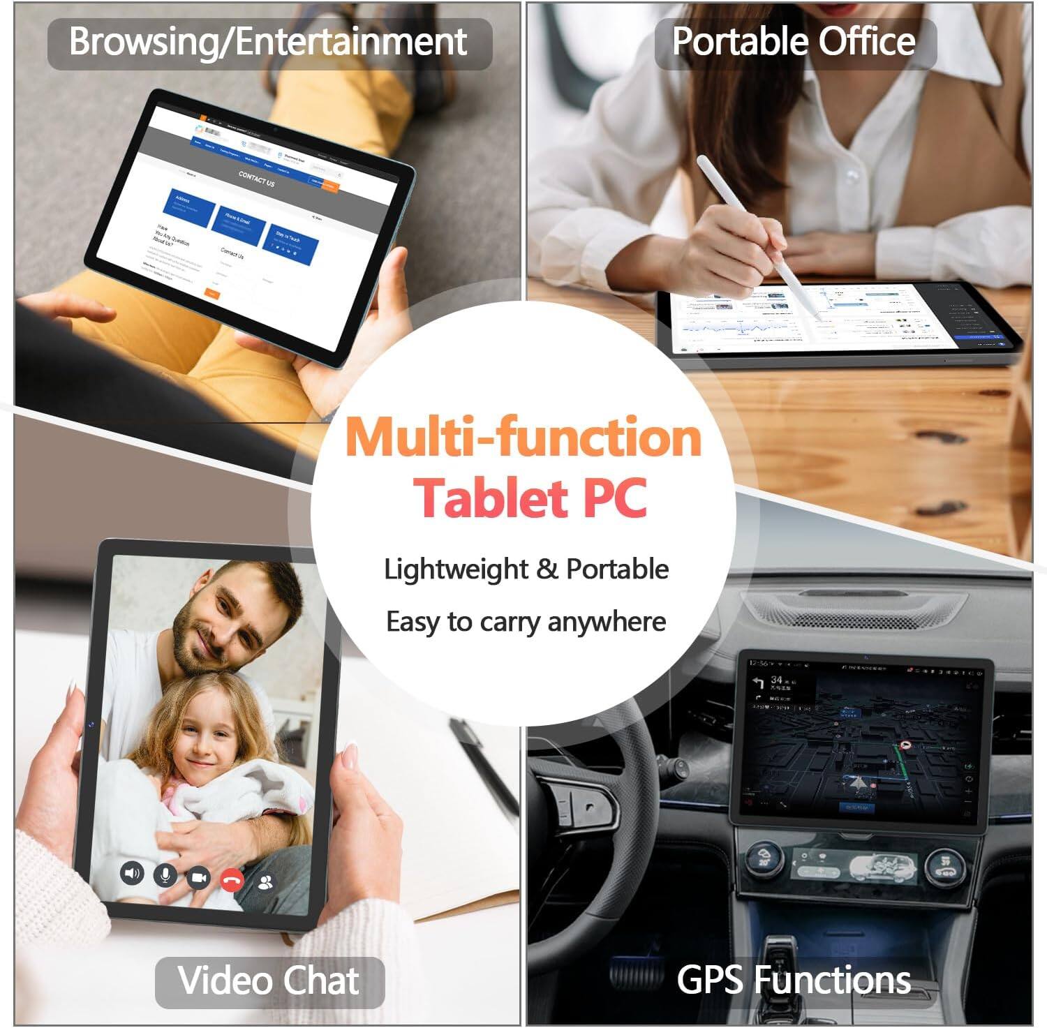 Browsing/Entertainment  
Portable Office  
Multi-function Tablet PC  
Lightweight & Portable  
Easy to carry anywhere  
Video Chat  
GPS Functions