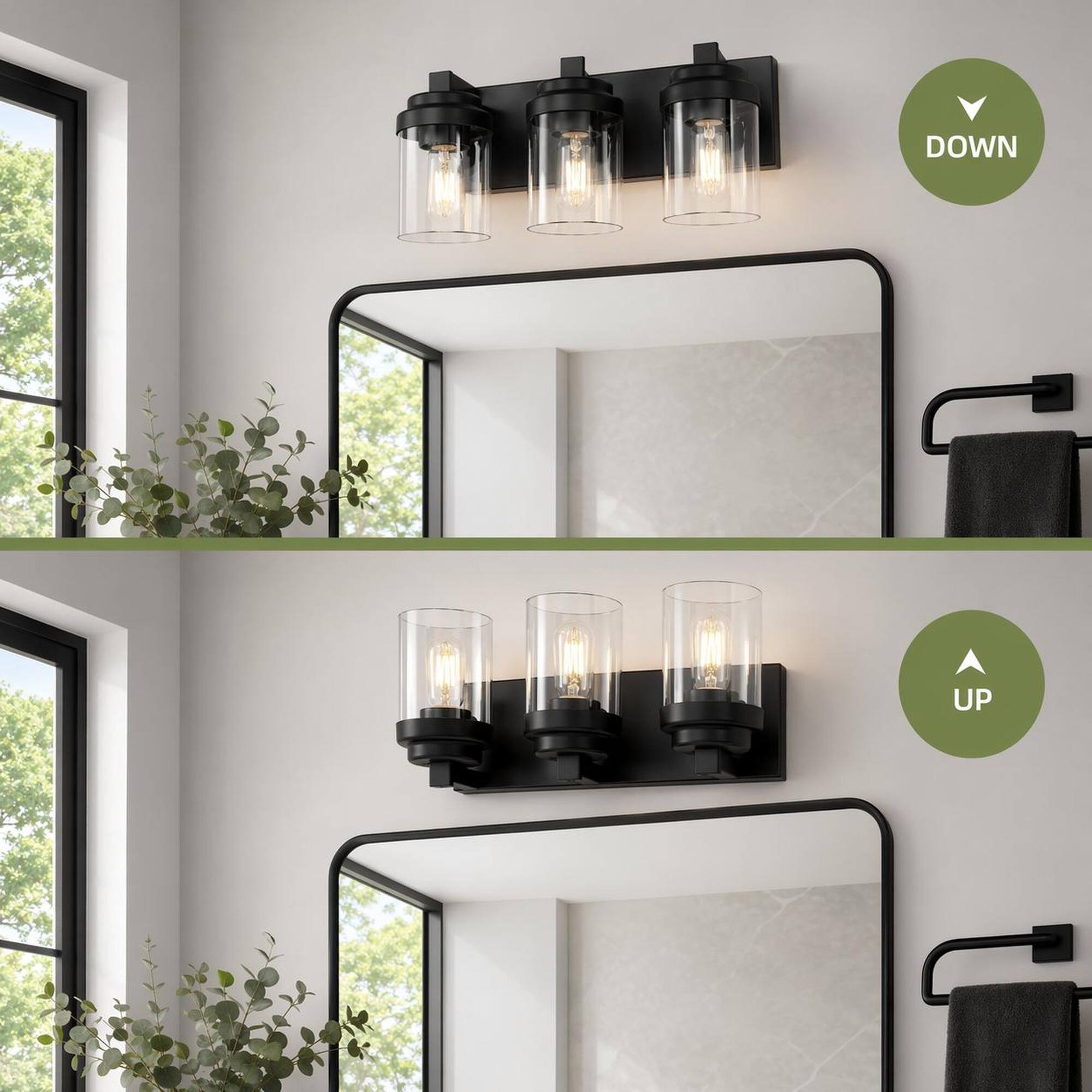 Back. RYHNUYNE - 3-Light Matte Black Bathroom Vanity Light with Clear Glass Shades, E26 Ceramic Sockets, Dimmable Wall Fixture.
