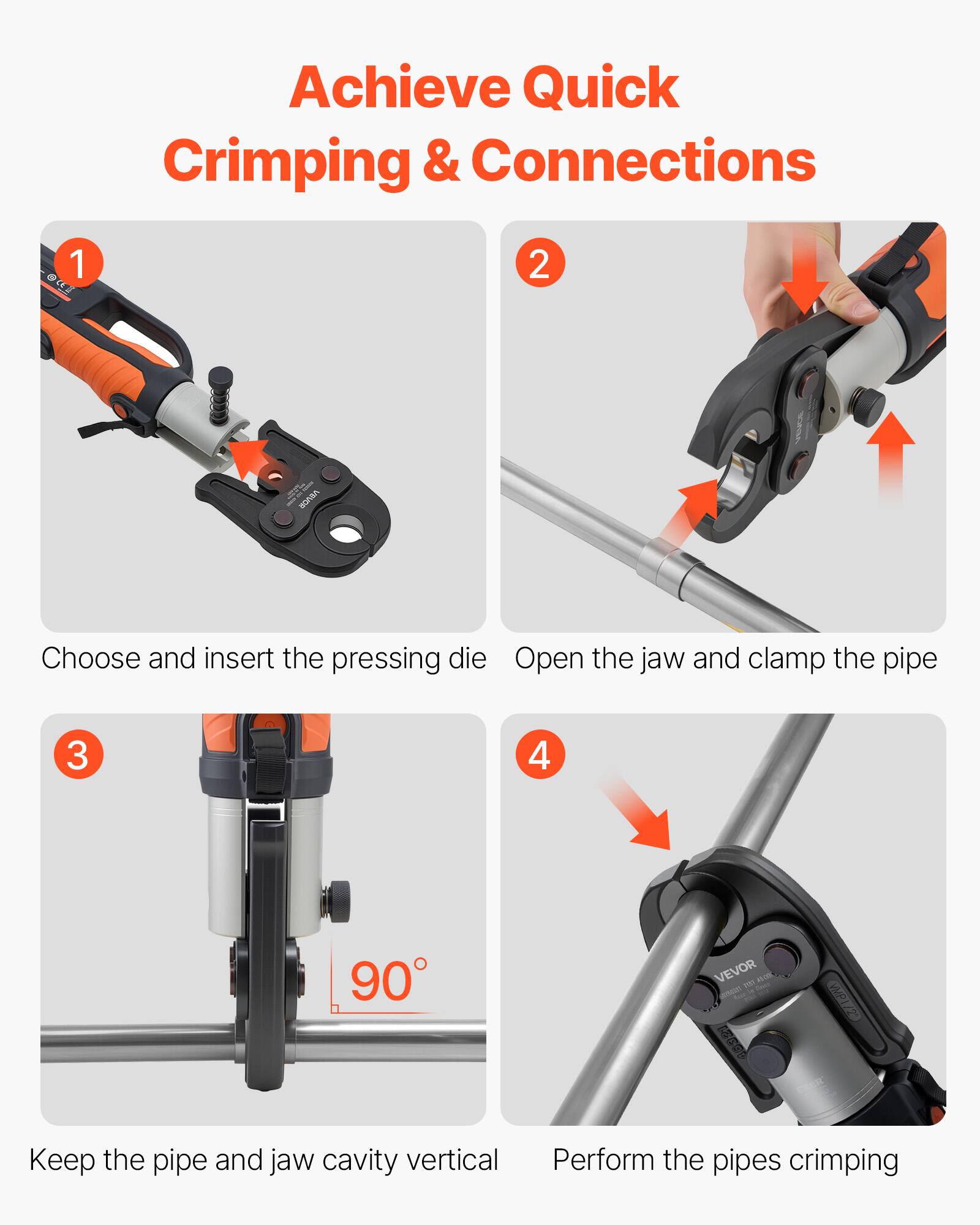 Achieve Quick Crimping & Connections

1. Choose and insert the pressing die
2. Open the jaw and clamp the pipe
3. Keep the pipe and jaw cavity vertical
4. Perform the pipes crimping