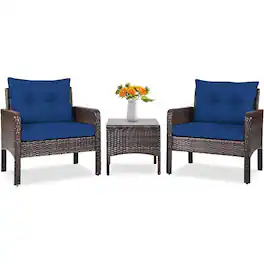 Hivvago - 3-Piece Brown PE Rattan Outdoor Dining Patio Furniture Set with Blue Cushions - Brown, Blue