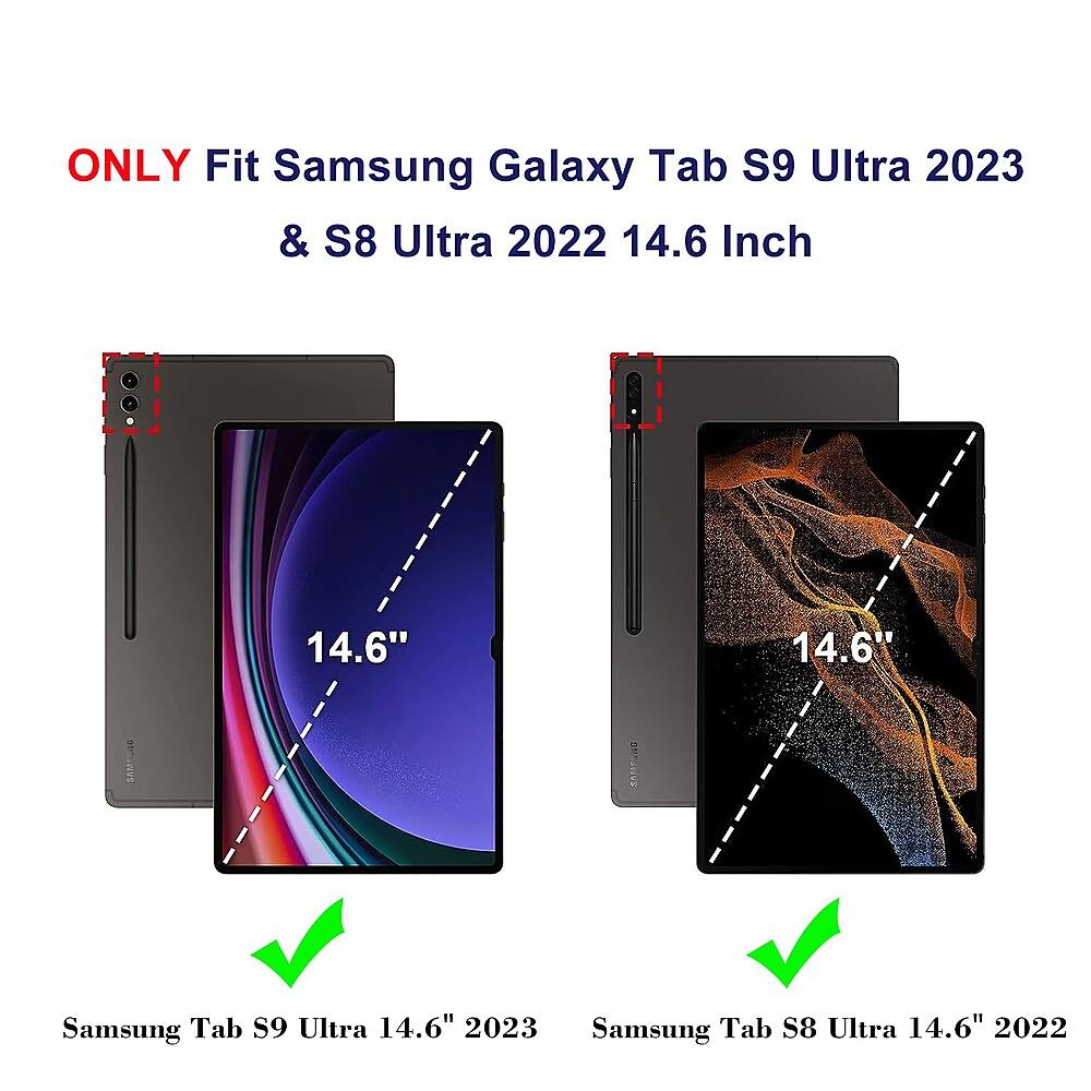 The image features two Samsung Galaxy Tab S9 Ultra tablets, each measuring 14.6 inches in size. The tablets are placed side by side, showcasing their size and design. The text "ONLY Fit Samsung Galaxy Tab S9 Ultra 2023 & S8 Ultra 2022 14.6 Inch" is displayed in the background, emphasizing the specifications of the tablets.