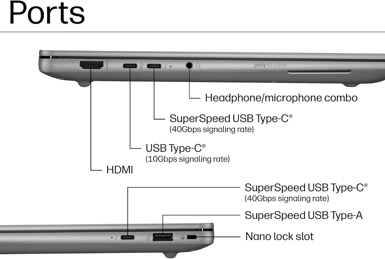 Ports

- Headphone/microphone combo
- SuperSpeed USB Type-C® (40Gbps signaling rate)
- USB Type-C® (10Gbps signaling rate)
- HDMI
- SuperSpeed USB Type-C® (40Gbps signaling rate)
- SuperSpeed USB Type-A
- Nano lock slot