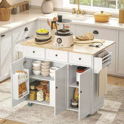 Front. Kadyn - Rolling Kitchen Cart with Drop-Leaf, USB Port & Wood Countertop, White - White.