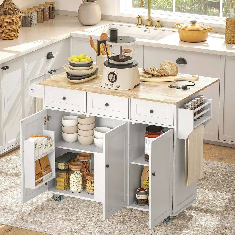 Front. Kadyn - Rolling Kitchen Cart with Drop-Leaf, USB Port & Wood Countertop, White - White.