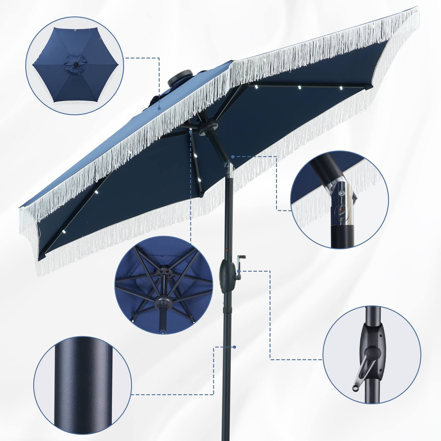 Back. Ainfox - Ainfox 7.5 FT Patio Umbrella with Fringe,Outdoor Tassel Beach Umbrella,Tilt Adjustment with 18 LED Lights & Base - Navy Blue.