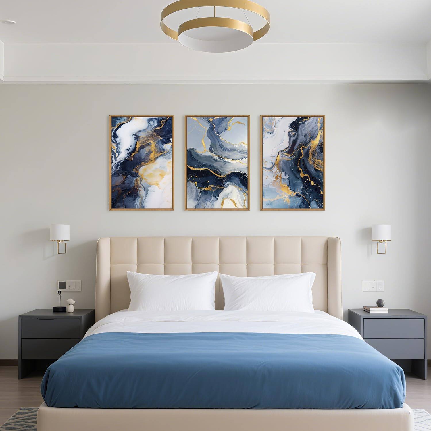 Alt View 4. Hirose Alice - Celestdeco Blue and Gold Framed Canvas Wall Art Set Mid-century Modern Abstract Wall Decor Navy Blue Ink Wash - brown ridge landscape 36"L x 24"W.