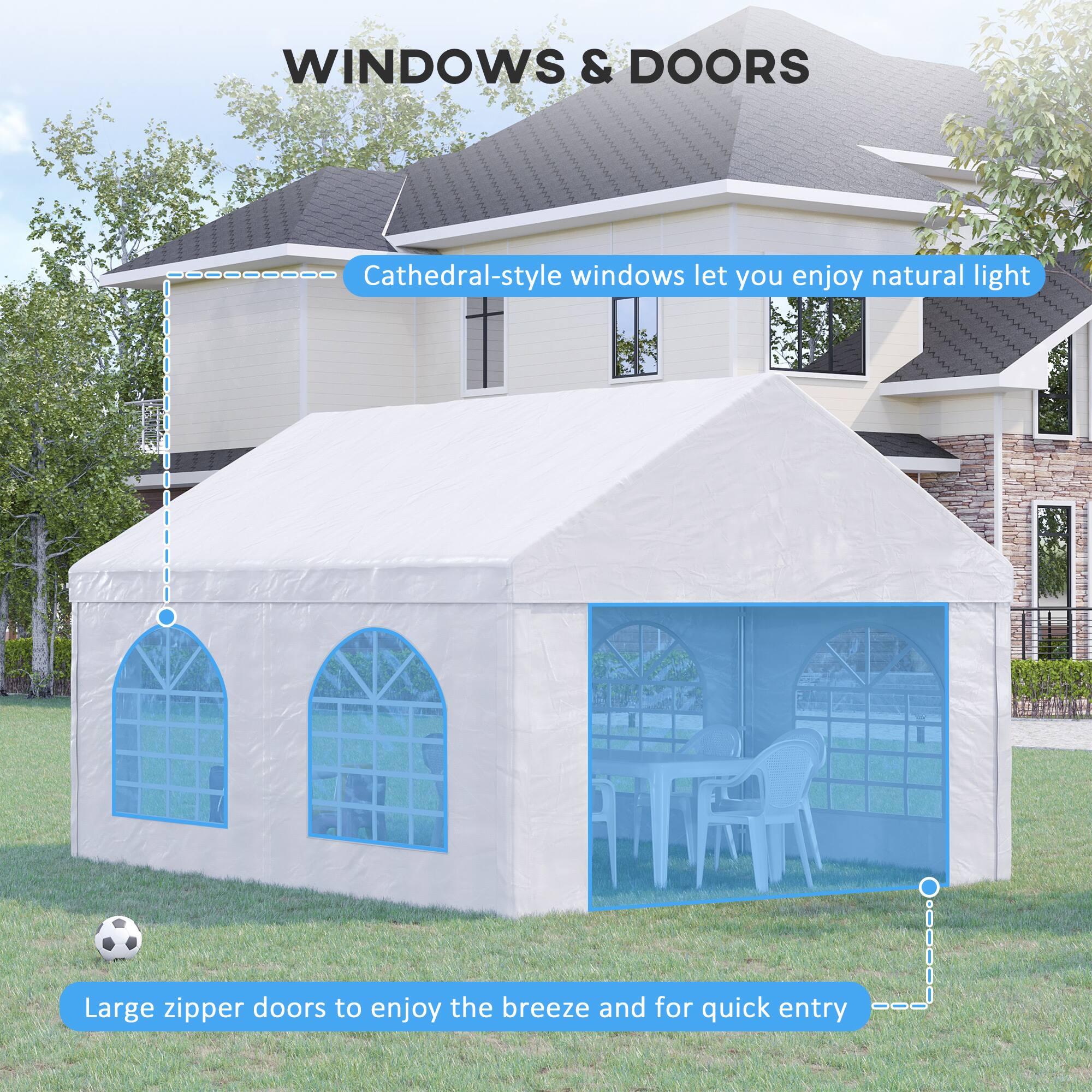 WINDOWS & DOORS
Cathedral-style windows let you enjoy natural light
Large zipper doors to enjoy the breeze and for quick entry