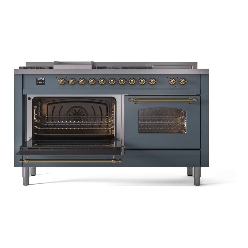 Alt View 6. ILVE - ILVE Nostalgie II Series 60 in. Dual Fuel Range with 7 Sealed Burners + Griddle (Liquid Propane, Brass Trim) - Blue Grey.