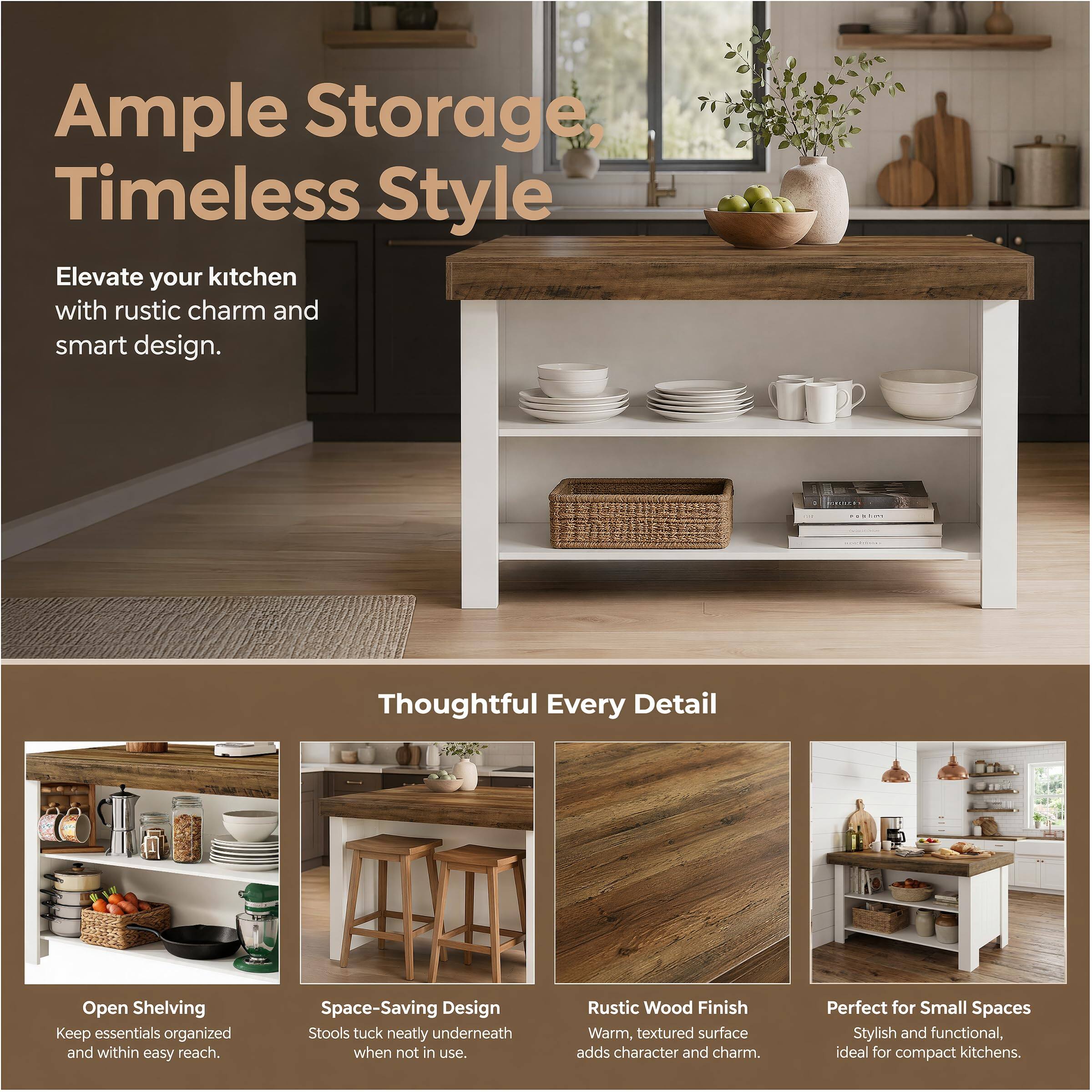 Ample Storage, Timeless Style  
Elevate your kitchen with rustic charm and smart design.

Thoughtful Every Detail  
Open Shelving  
Keep essentials organized and within easy reach.  
Space-Saving Design  
Stools tuck neatly underneath when not in use.  
Rustic Wood Finish  
Warm, textured surface adds character and charm.  
Perfect for Small Spaces  
Stylish and functional, ideal for compact kitchens.