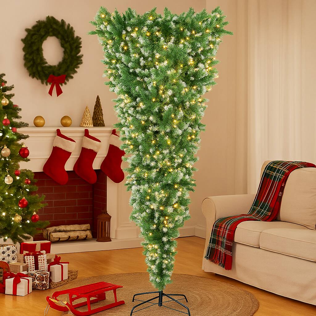 Front. BreeBe - Snow Flocked 7.5FT Prelit Inverted Tree – Unique Christmas Decor with 1100 Tips - Green.