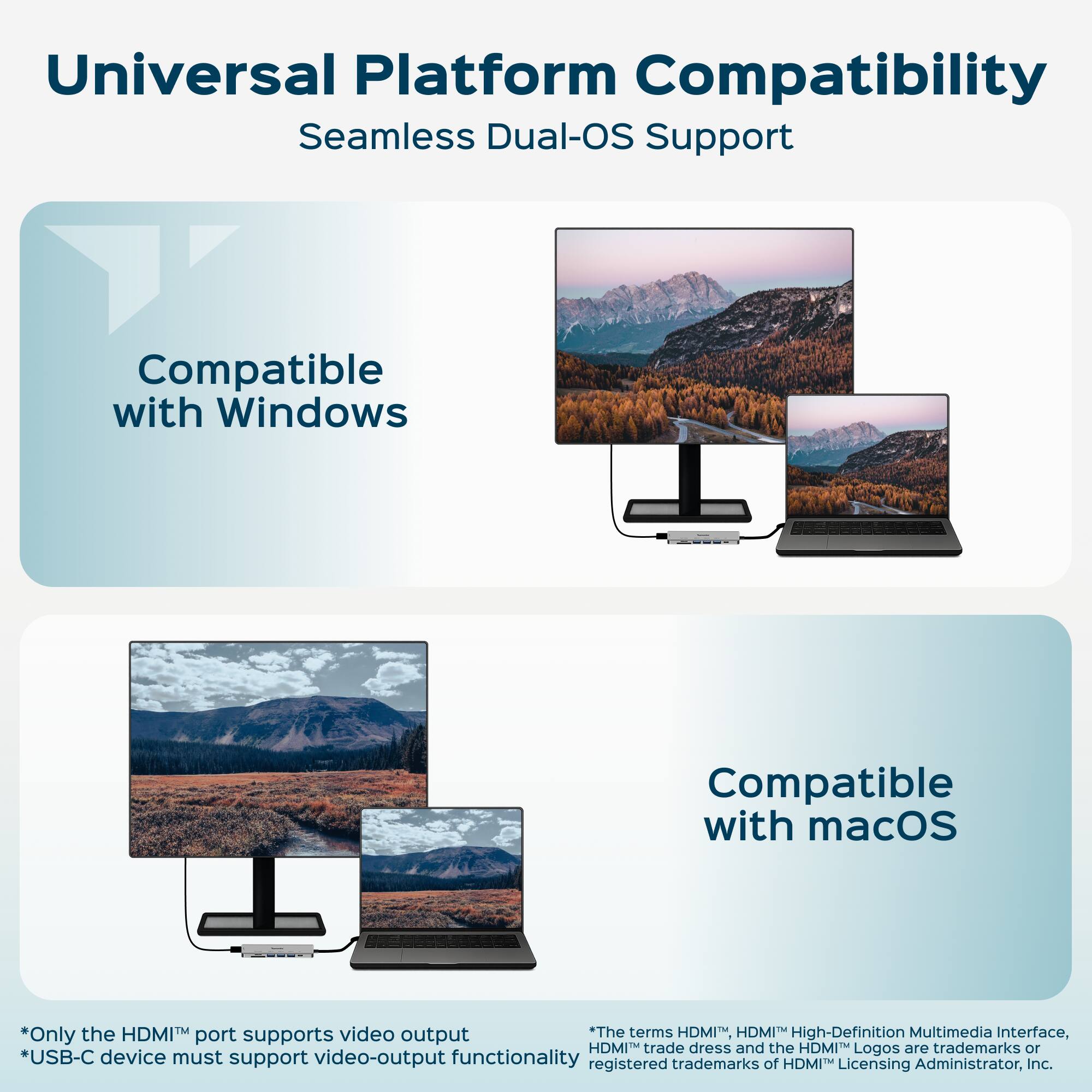Universal Platform Compatibility  
Seamless Dual-OS Support  

Compatible with Windows  
Compatible with macOS  

*Only the HDMI™ port supports video output  
*USB-C device must support video-output functionality  

*The terms HDMI™, HDMI™ High-Definition Multimedia Interface, HDMI™ trade dress and the HDMI™ Logos are trademarks or registered trademarks of HDMI™ Licensing Administrator, Inc.