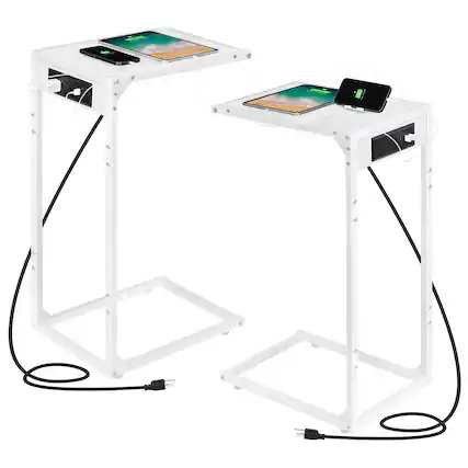 Front. Oumilen - 2PCS C Shape Sofa Side Table with Charging Station - White.