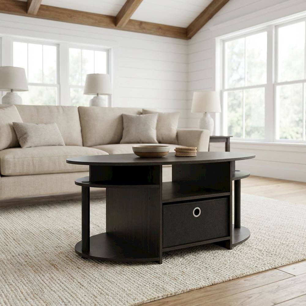 Angle. FurniFact - Oval Walnut Coffee Table with Storage Bin and Simple Modern Design - Walnut.