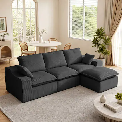 Front. Dyonery - Dyonery 107" L-Shaped Modern Sofa Modular Sectional Cloud Couch, 4-Seat Corduory Deep Seat Sofa with 6 Cushion - Black.