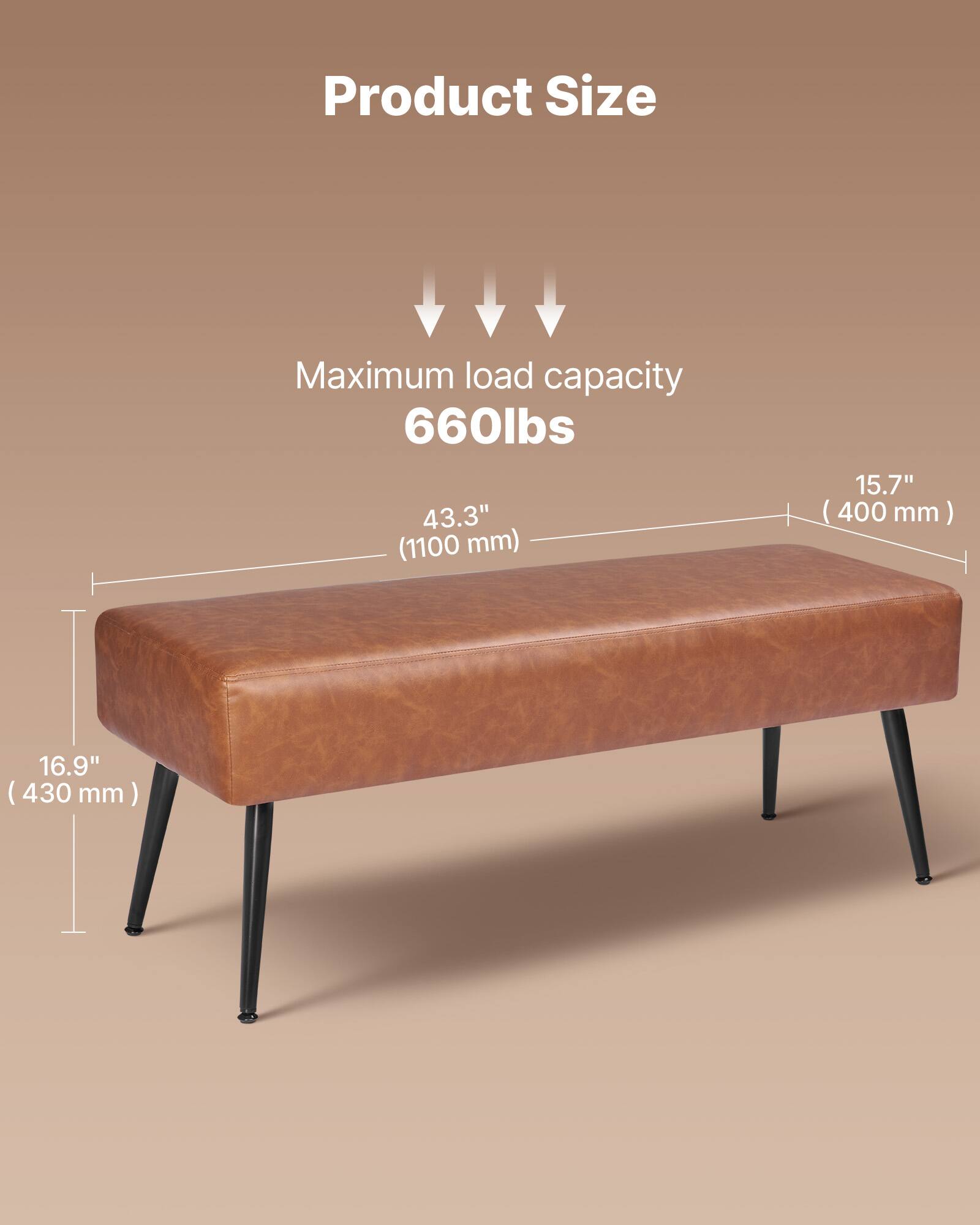 Product Size

Maximum load capacity 660lbs

43.3" (1100 mm)

15.7" (400 mm)

16.9" (430 mm)