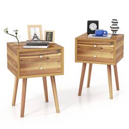 Gymax - 2PCS Wooden Nightstand Mid-Century End Side Table W/2 Storage Drawers Natural - Brown